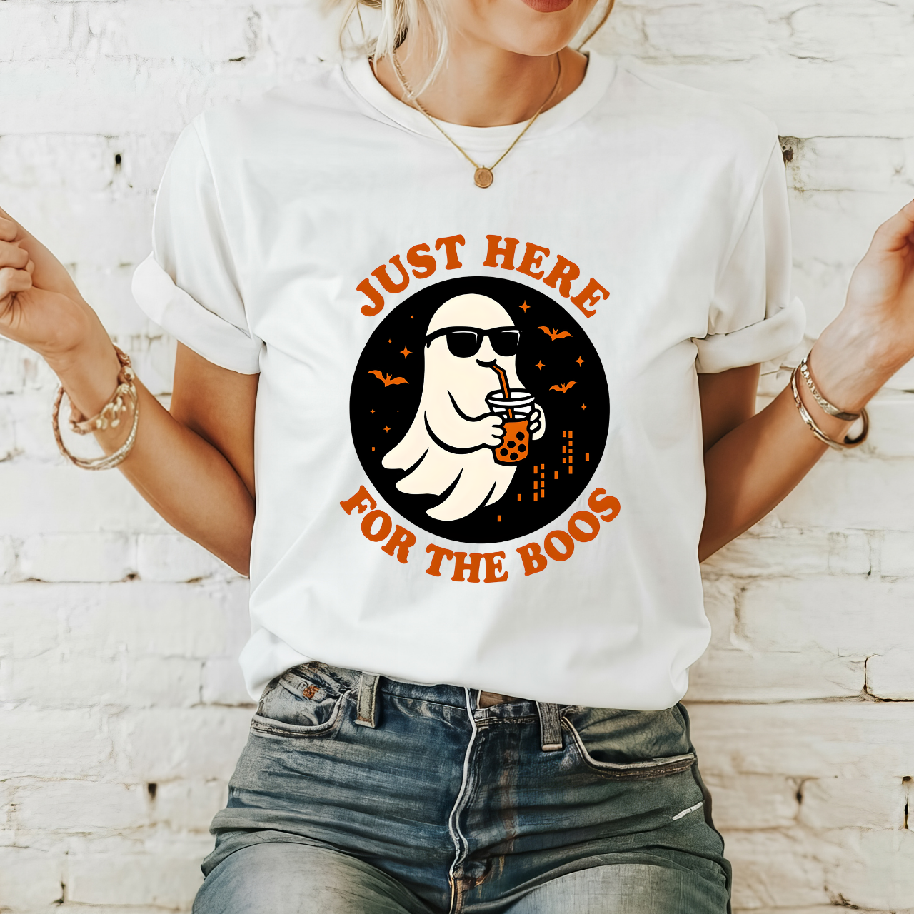 Halloween Ghost T-Shirt, Fun Tee, Unisex Softstyle, Just Here for The Boos, Spooky Season Apparel, Casual Halloween Costume