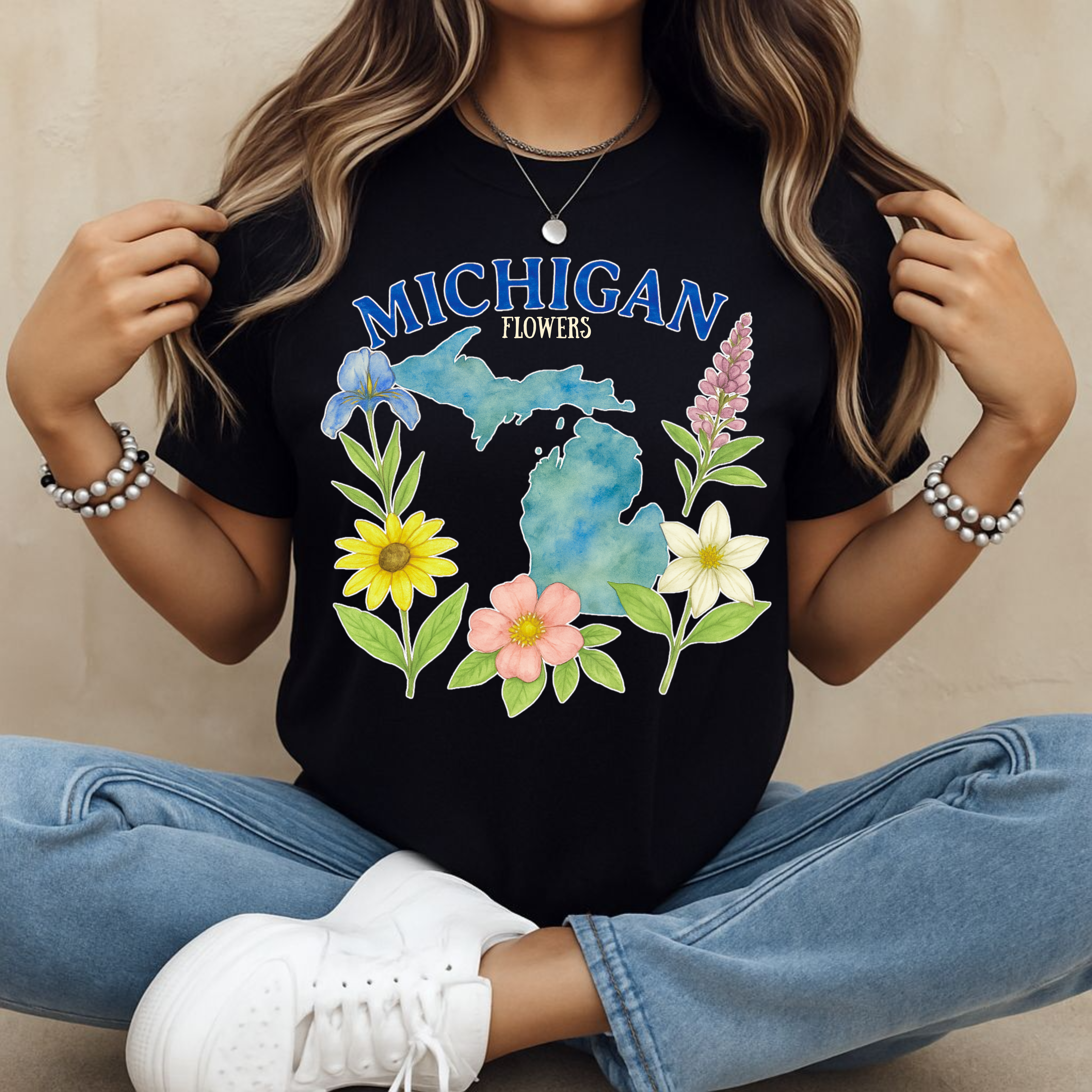 Michigan Floral Cotton Tee, Women’s Casual Shirt, Summer Outfit, Gift for Michiganders, Nature Lover Tee product thumbnail image