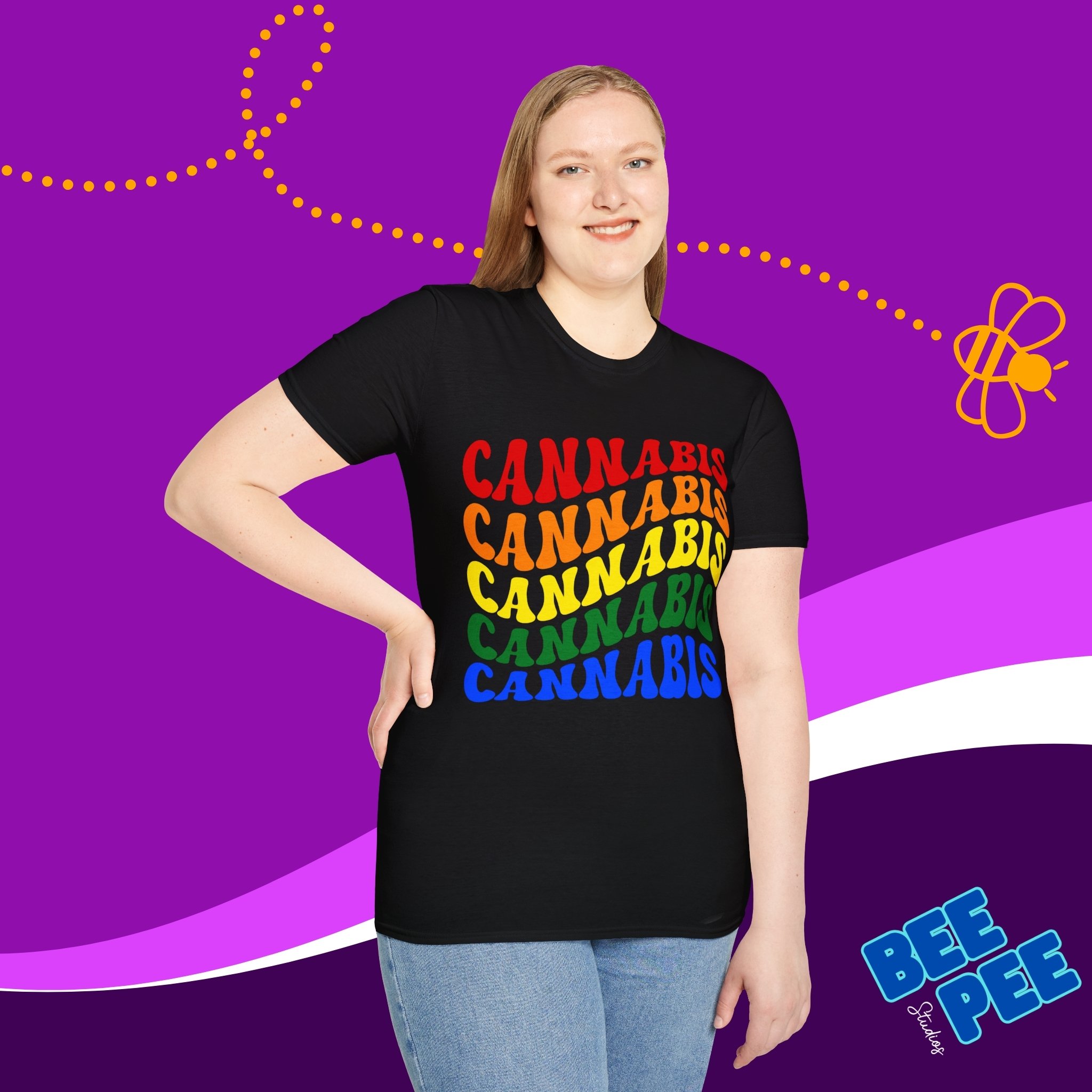T-Shirt 'CANNABIS' Cool Retro Wavy Text Pride Colors product thumbnail image
