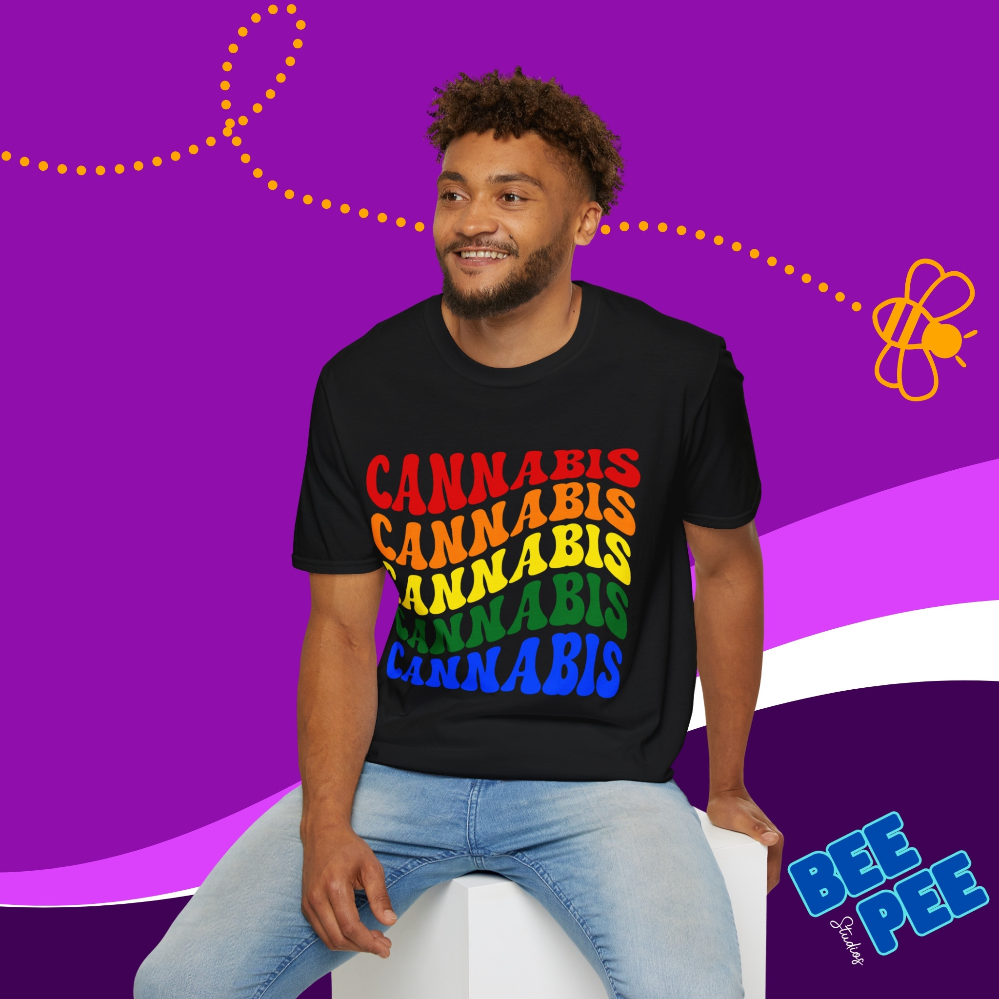 T-Shirt 'CANNABIS' Cool Retro Wavy Text Pride Colors product thumbnail image