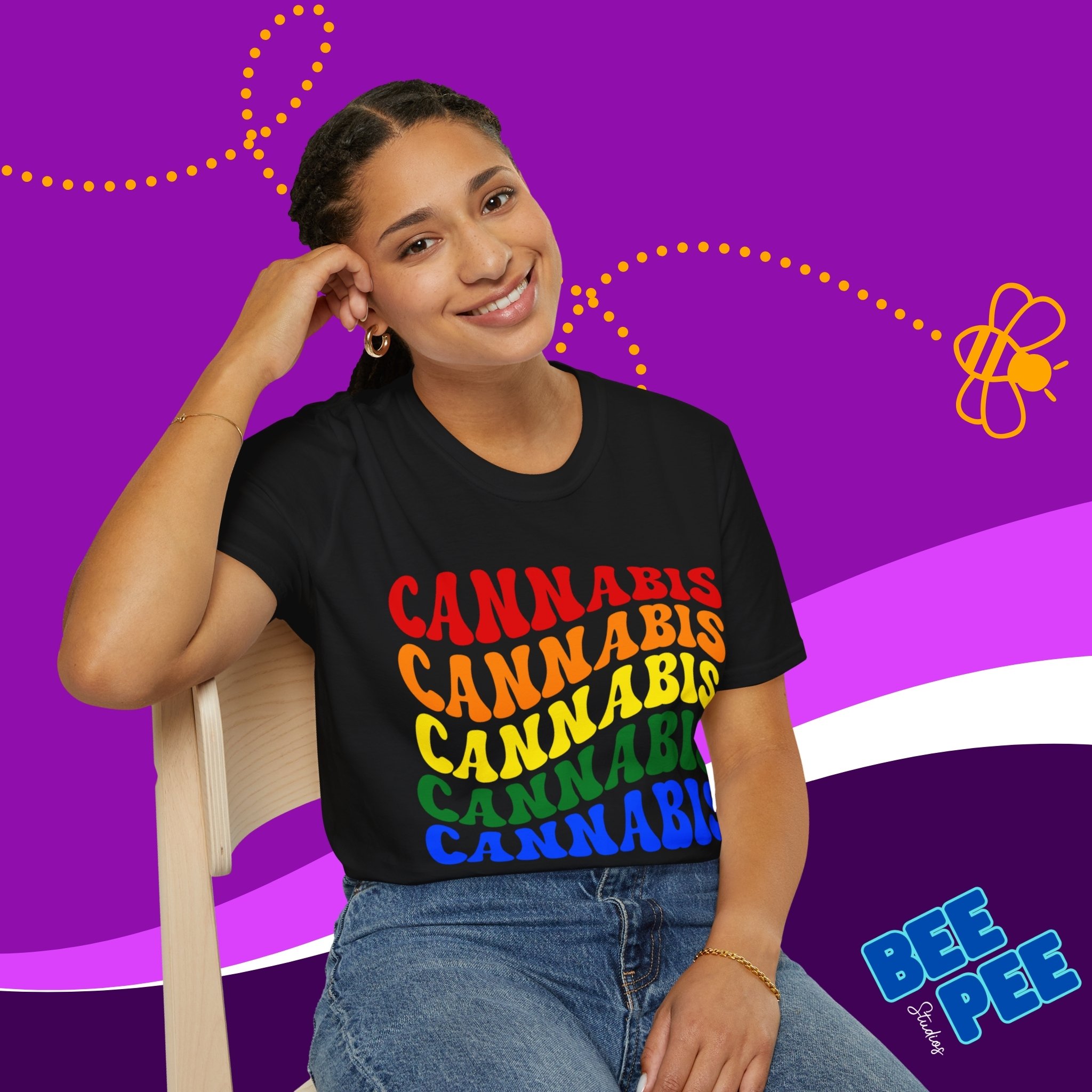 T-Shirt 'CANNABIS' Cool Retro Wavy Text Pride Colors product thumbnail image
