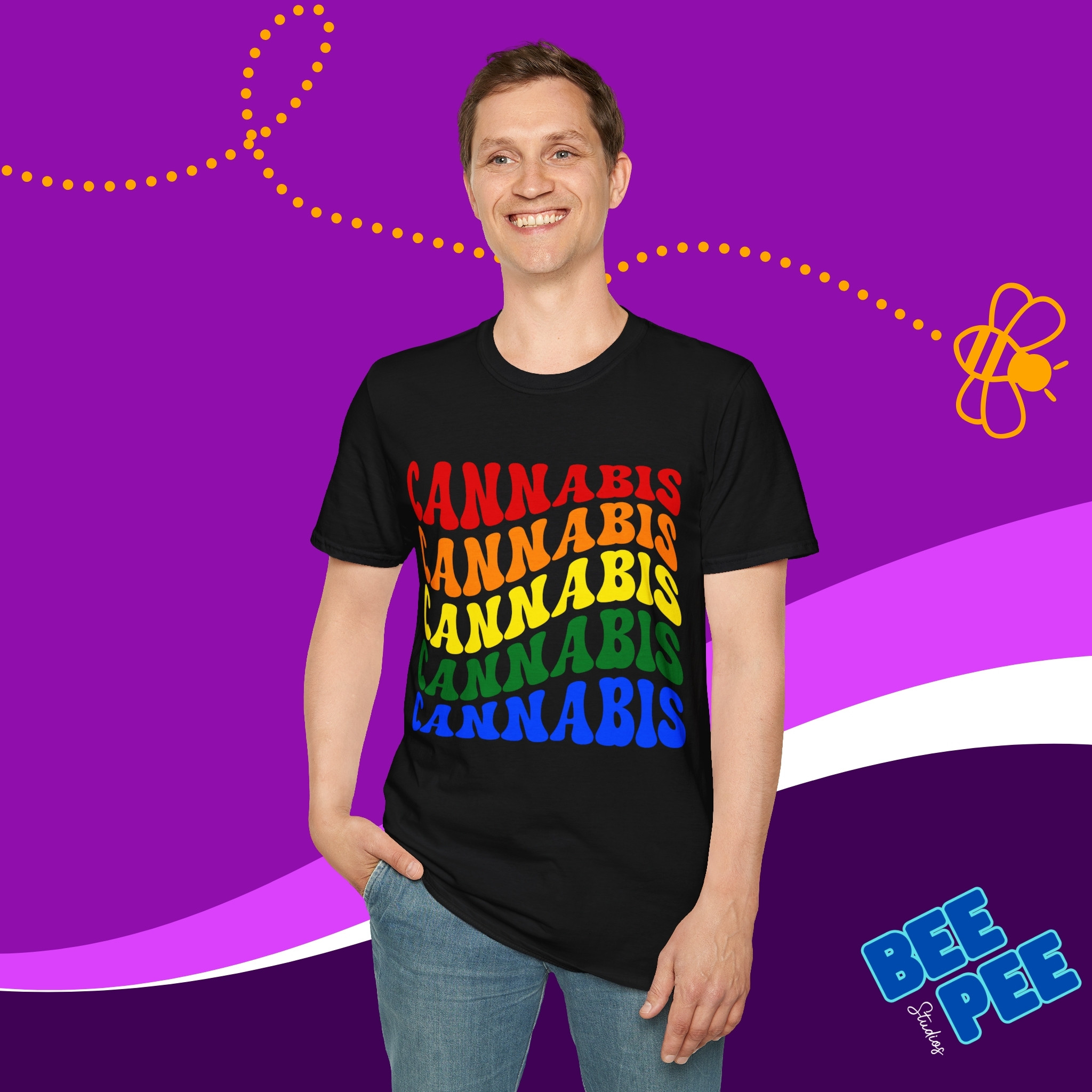 T-Shirt 'CANNABIS' Cool Retro Wavy Text Pride Colors product thumbnail image