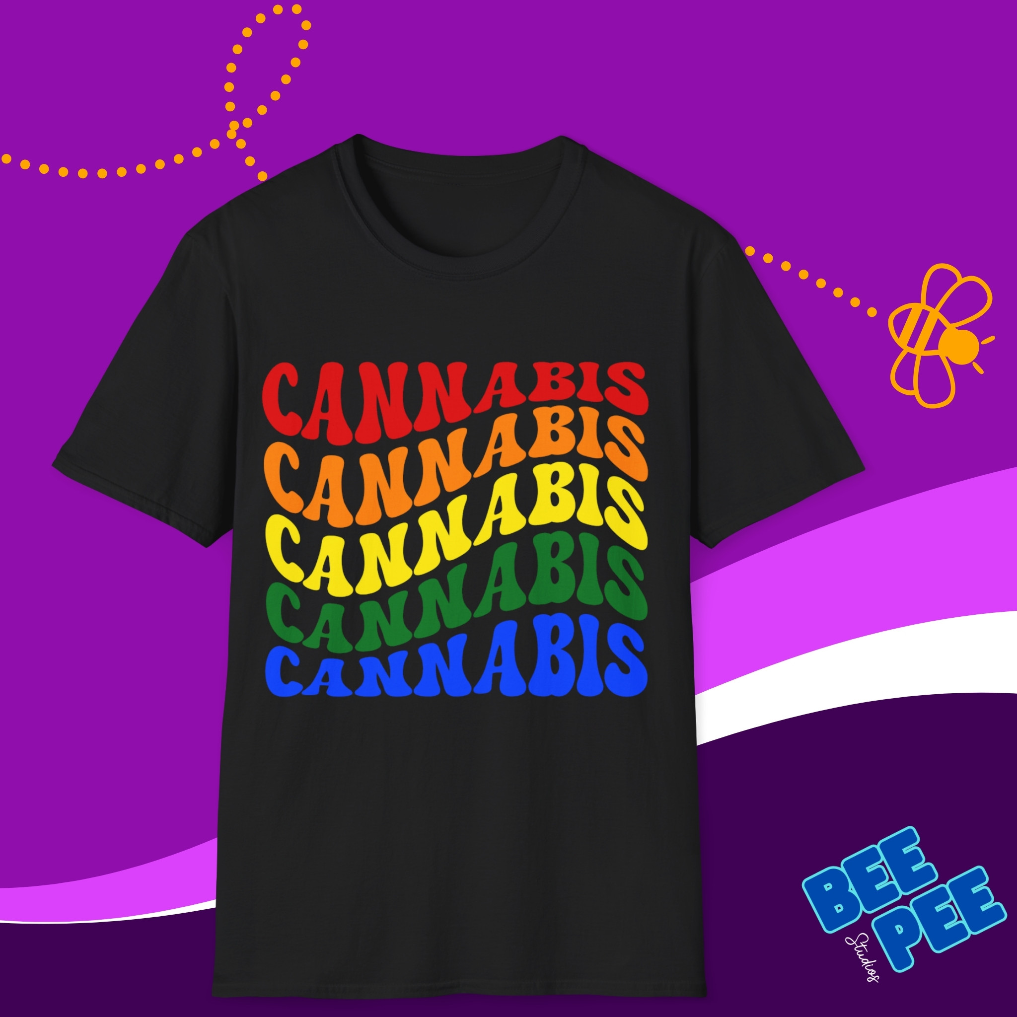 T-Shirt 'CANNABIS' Cool Retro Wavy Text Pride Colors