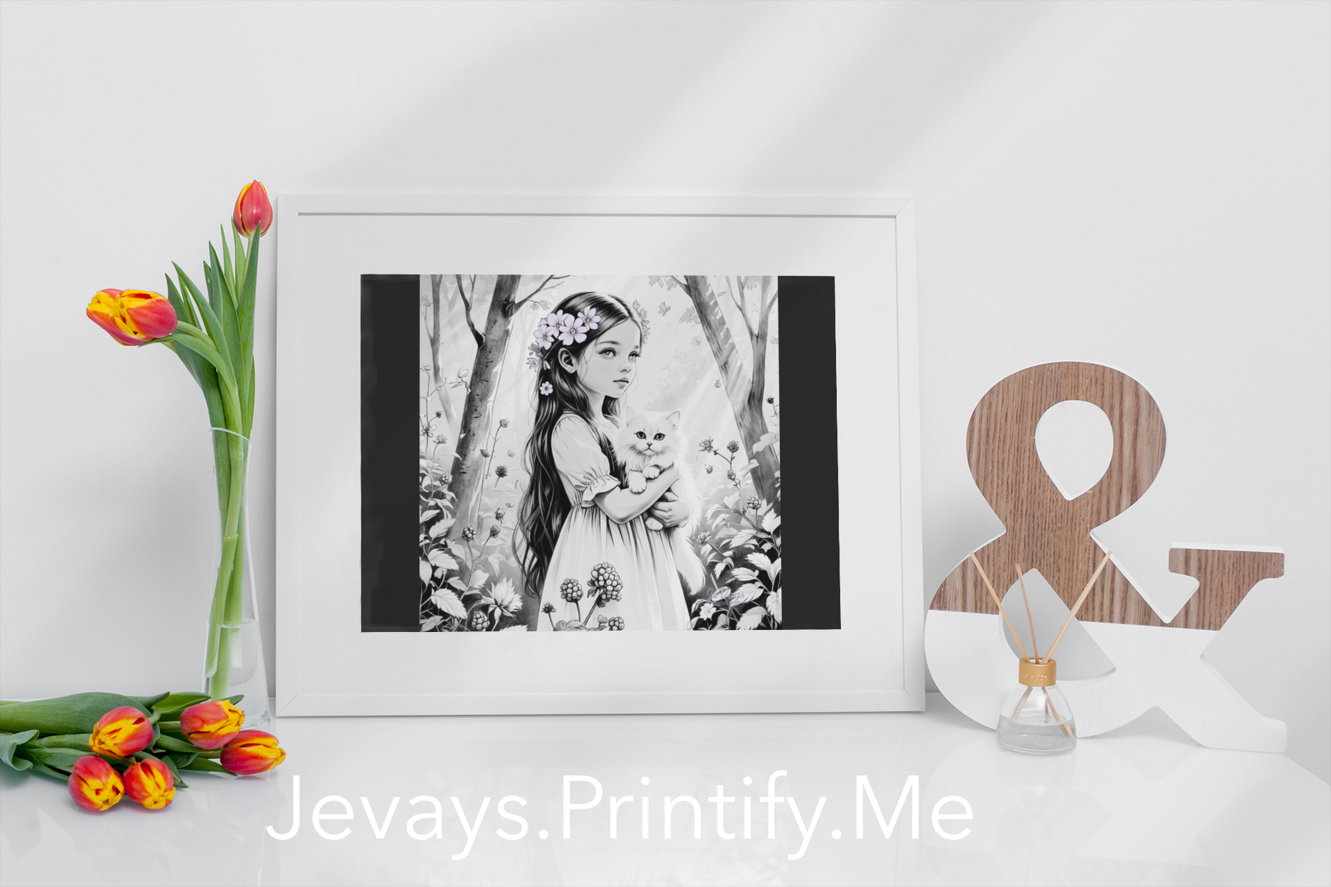 Girl and Kitten Sketch,Whimsical Matte Poster Artwork, Enchanting Wall Decor for Kids, Cat Lover Gift, Fairy Tale Print for Nursery, Cute Home Decor