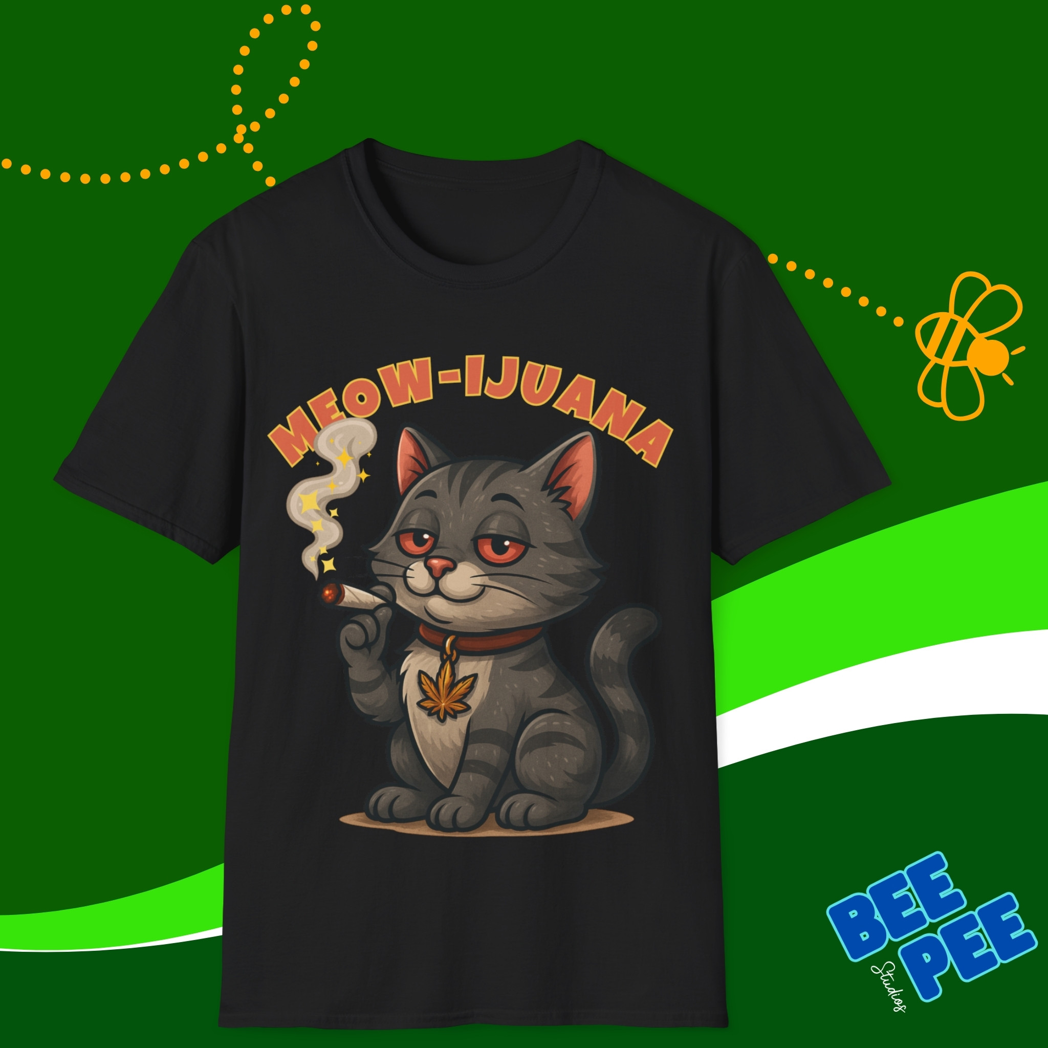 Funny Stoned Cat Softstyle T-Shirt 'Meow-ijuana' product thumbnail image Funny Stoned Cat Softstyle T-Shirt 'Meow-ijuana' product thumbnail image