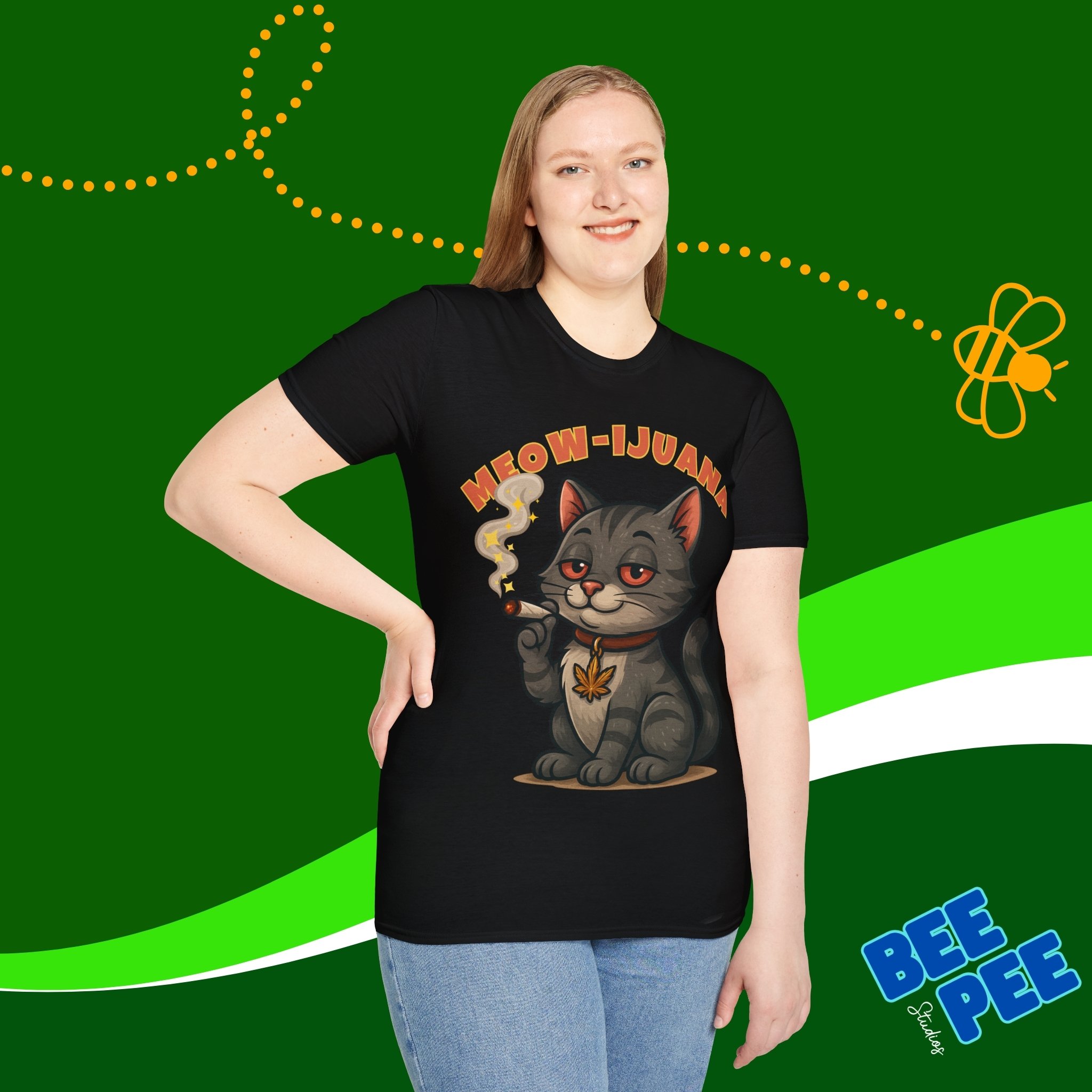 Funny Stoned Cat Softstyle T-Shirt 'Meow-ijuana' product thumbnail image Funny Stoned Cat Softstyle T-Shirt 'Meow-ijuana' product thumbnail image