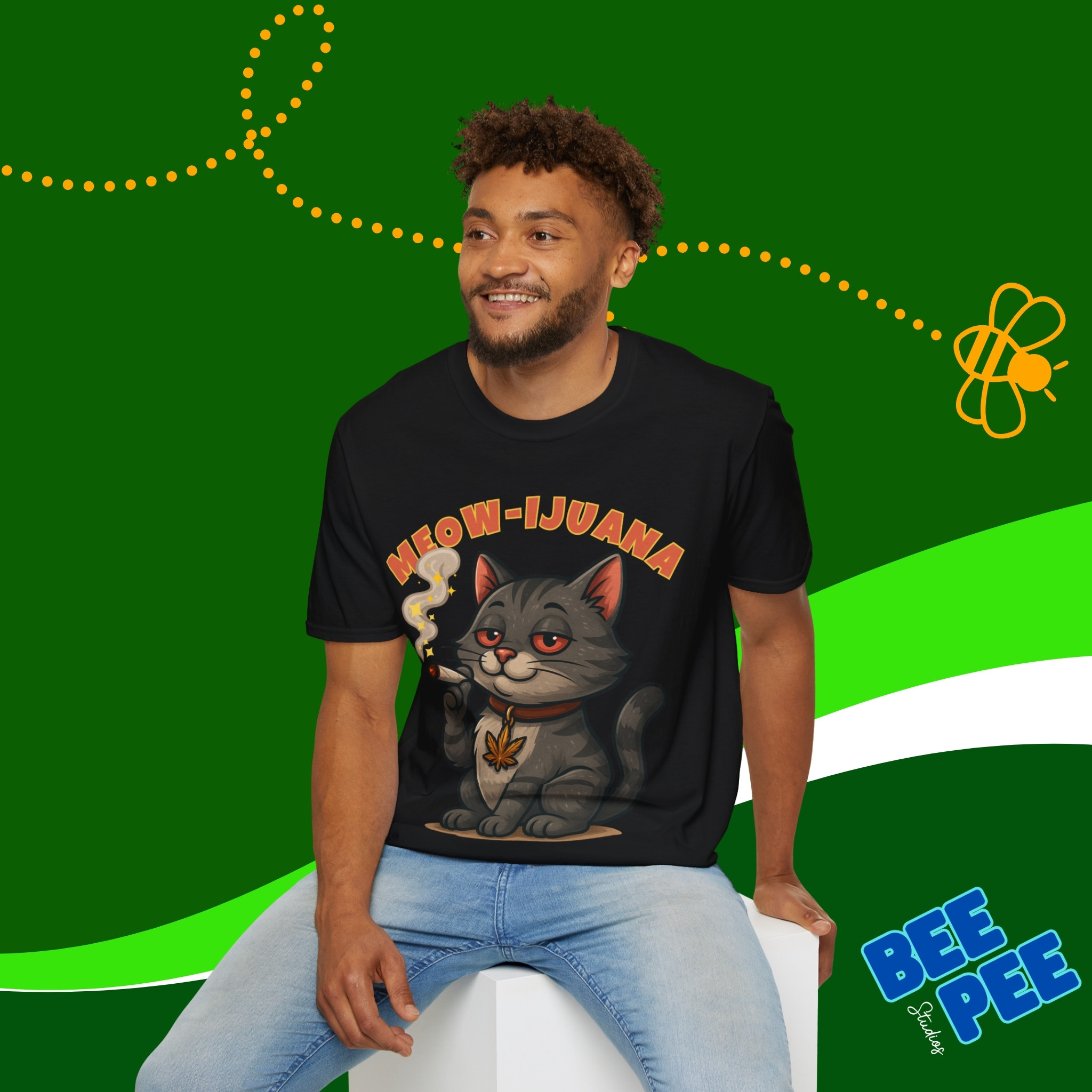 Funny Stoned Cat Softstyle T-Shirt 'Meow-ijuana' product thumbnail image Funny Stoned Cat Softstyle T-Shirt 'Meow-ijuana' product thumbnail image