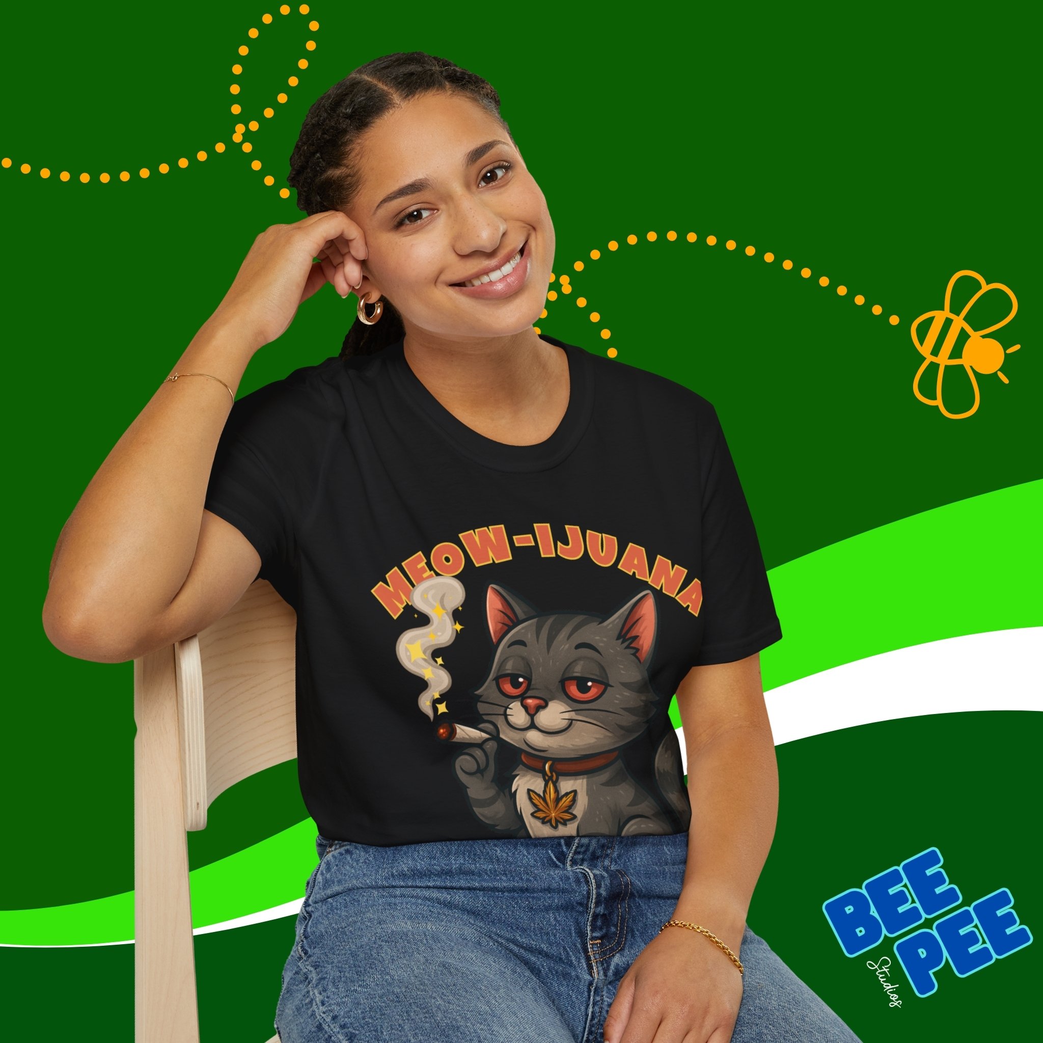 Funny Stoned Cat Softstyle T-Shirt 'Meow-ijuana' product thumbnail image Funny Stoned Cat Softstyle T-Shirt 'Meow-ijuana' product thumbnail image