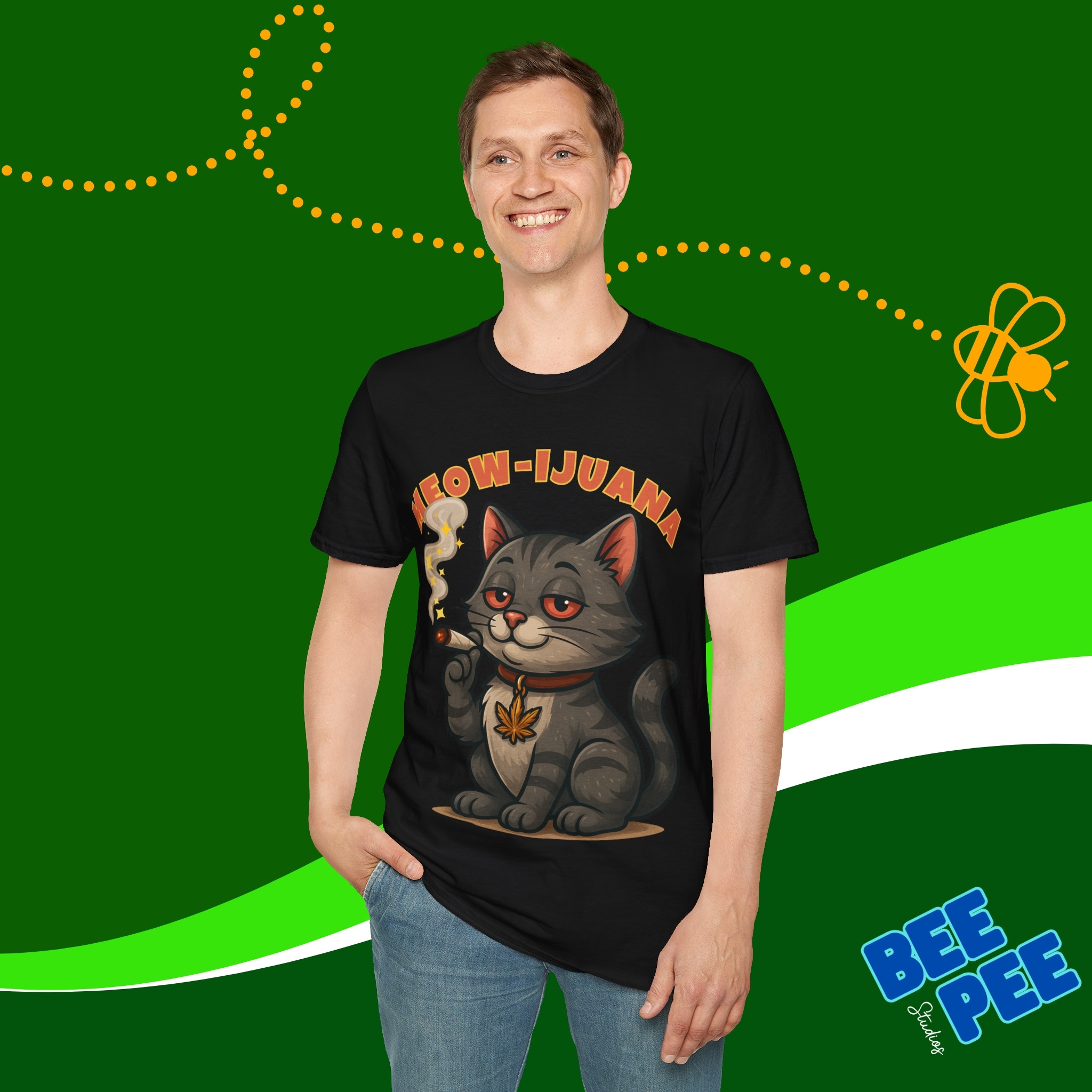 Funny Stoned Cat Softstyle T-Shirt 'Meow-ijuana' product thumbnail image Funny Stoned Cat Softstyle T-Shirt 'Meow-ijuana' product thumbnail image