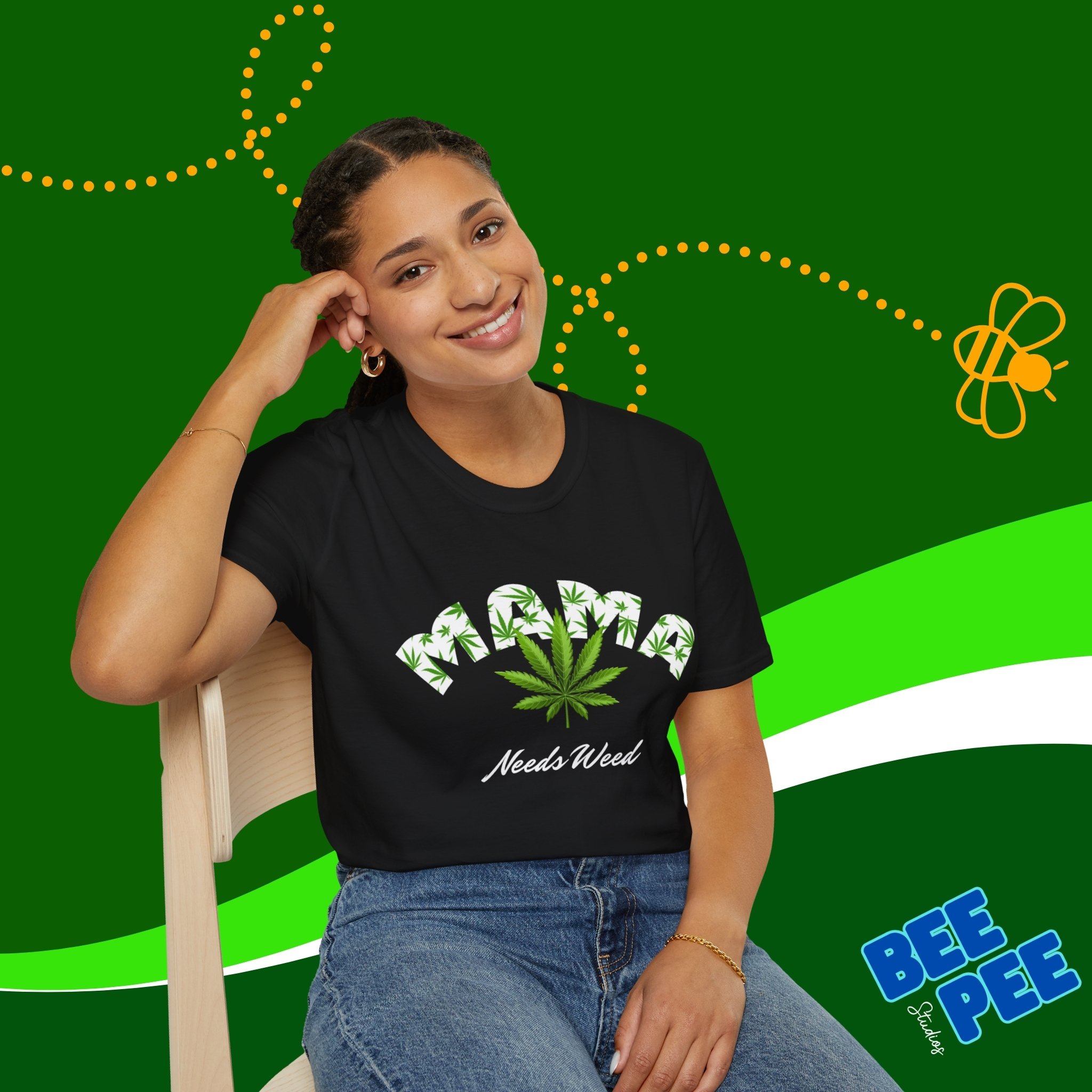 Graphic T-Shirt - "MAMA needs weed" Humorous Style with Marijuana Leaves in the text. product thumbnail image Graphic T-Shirt - "MAMA needs weed" Humorous Style with Marijuana Leaves in the text. product thumbnail image