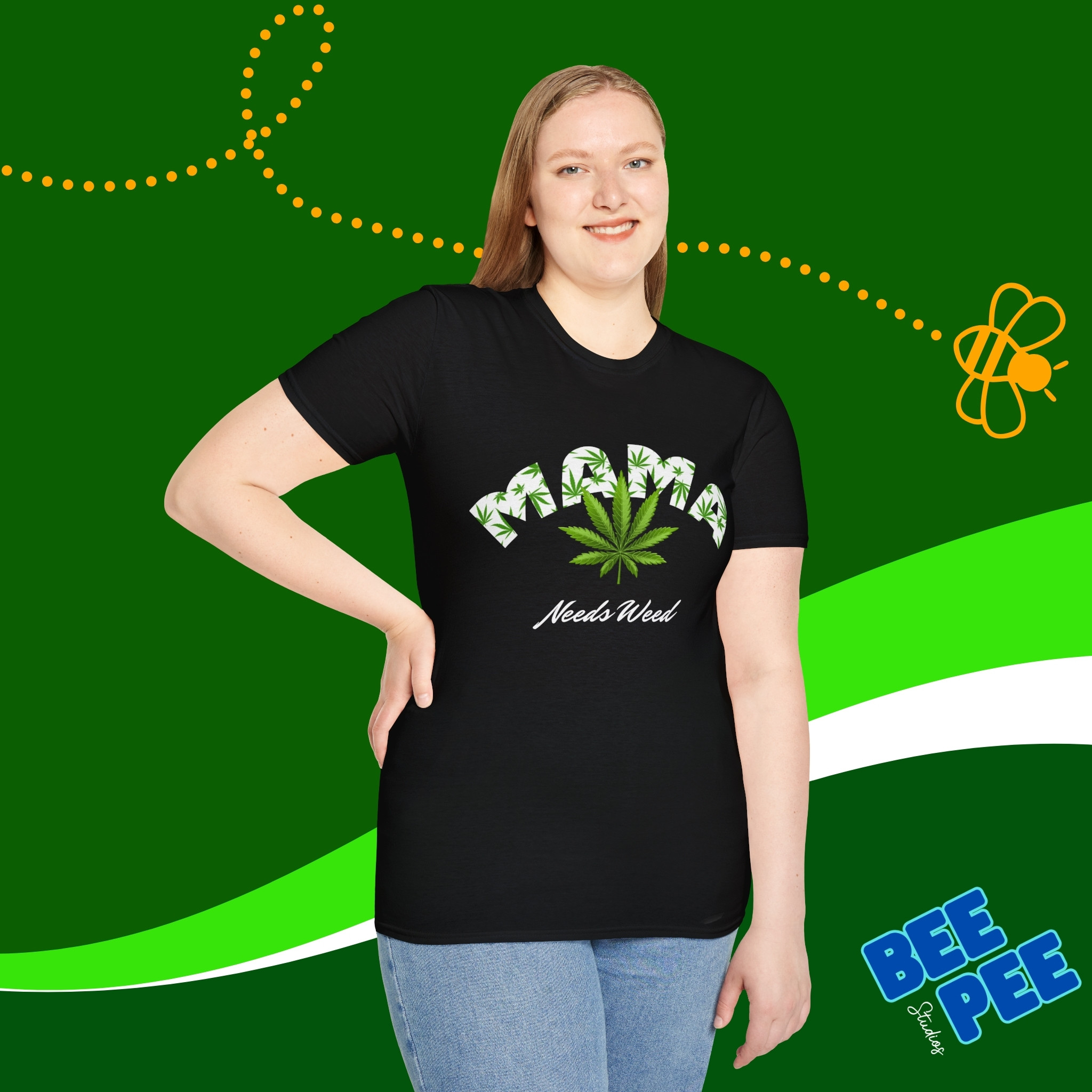 Graphic T-Shirt - "MAMA needs weed" Humorous Style with Marijuana Leaves in the text. product thumbnail image Graphic T-Shirt - "MAMA needs weed" Humorous Style with Marijuana Leaves in the text. product thumbnail image