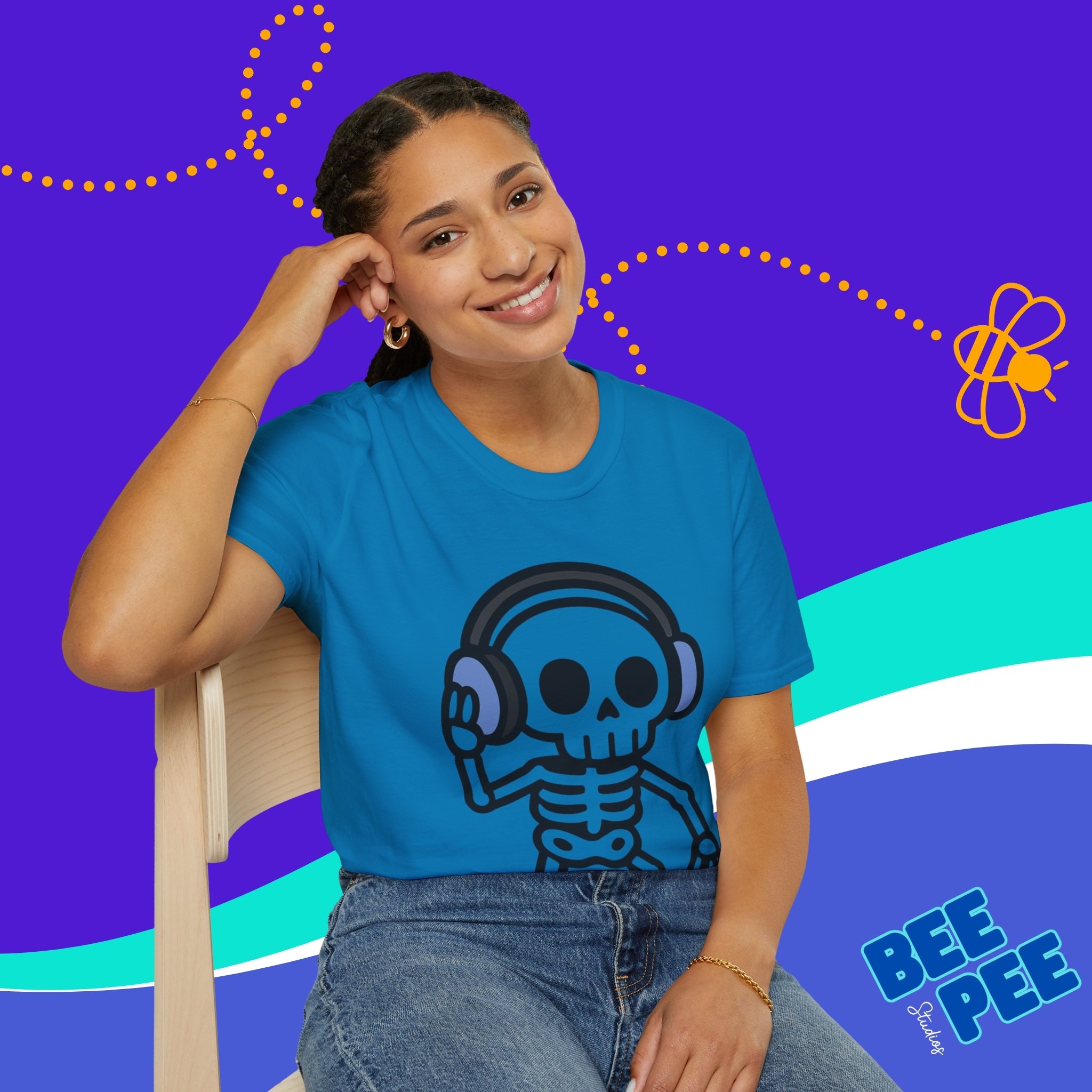 Skeleton Graphic T-Shirt with Blue Headphones product thumbnail image Skeleton Graphic T-Shirt with Blue Headphones product thumbnail image