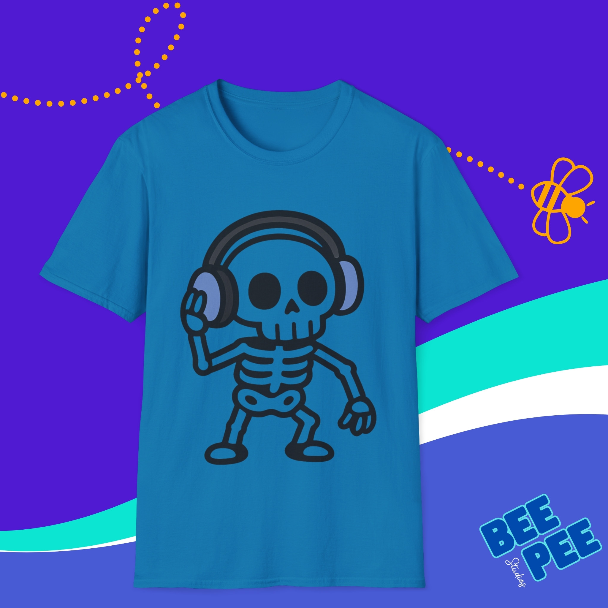 Skeleton Graphic T-Shirt with Blue Headphones