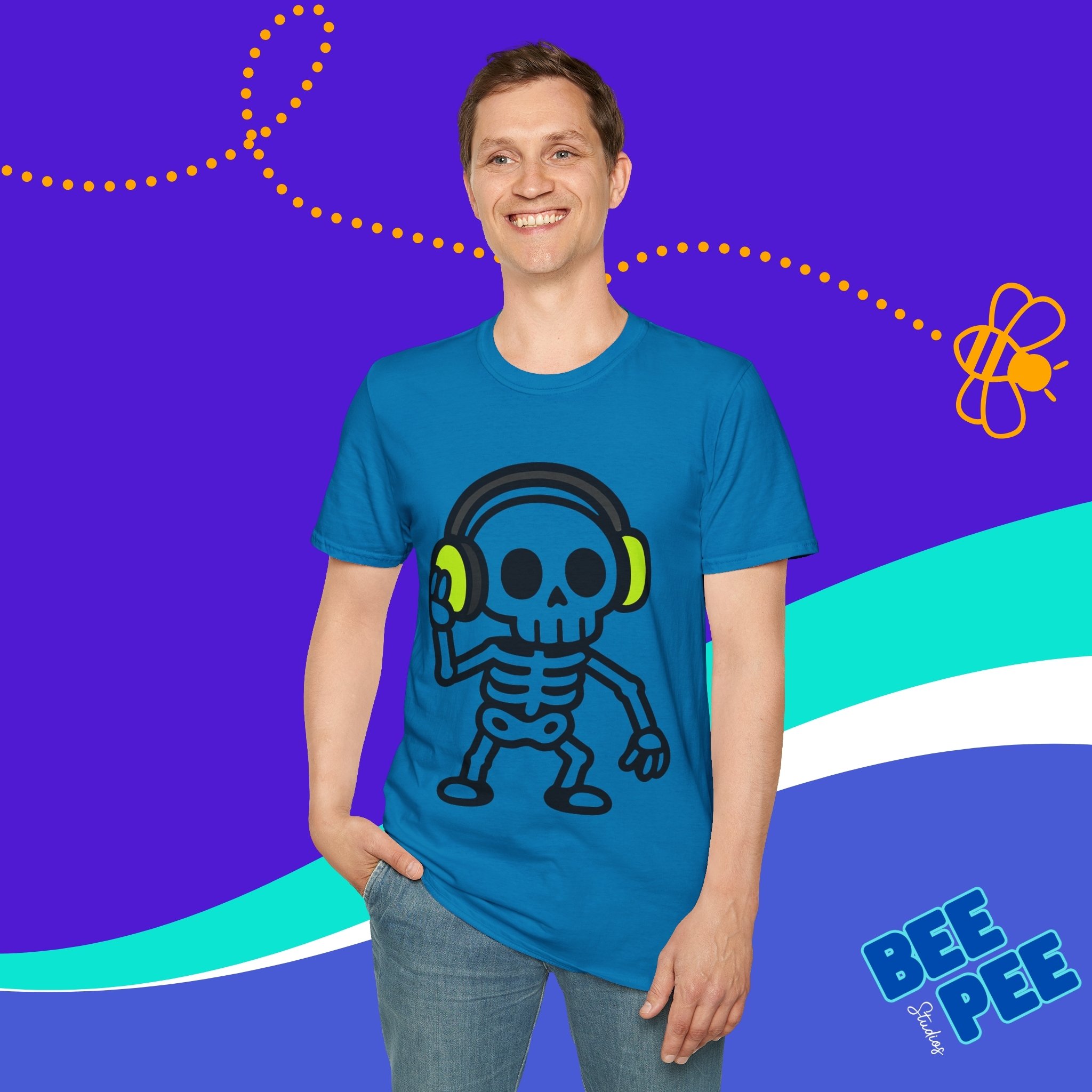 Skeleton Graphic T-Shirt with Green Headphones product thumbnail image Skeleton Graphic T-Shirt with Green Headphones product thumbnail image