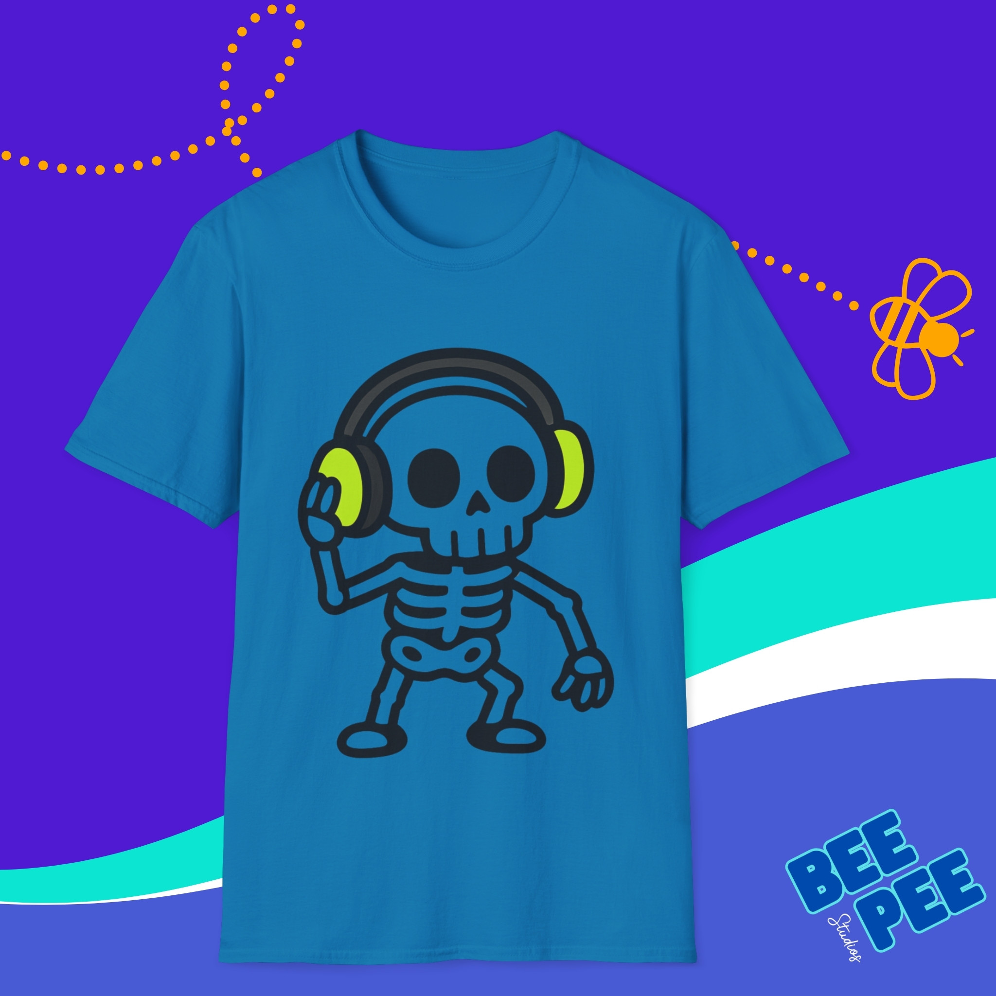 Skeleton Graphic T-Shirt with Green Headphones