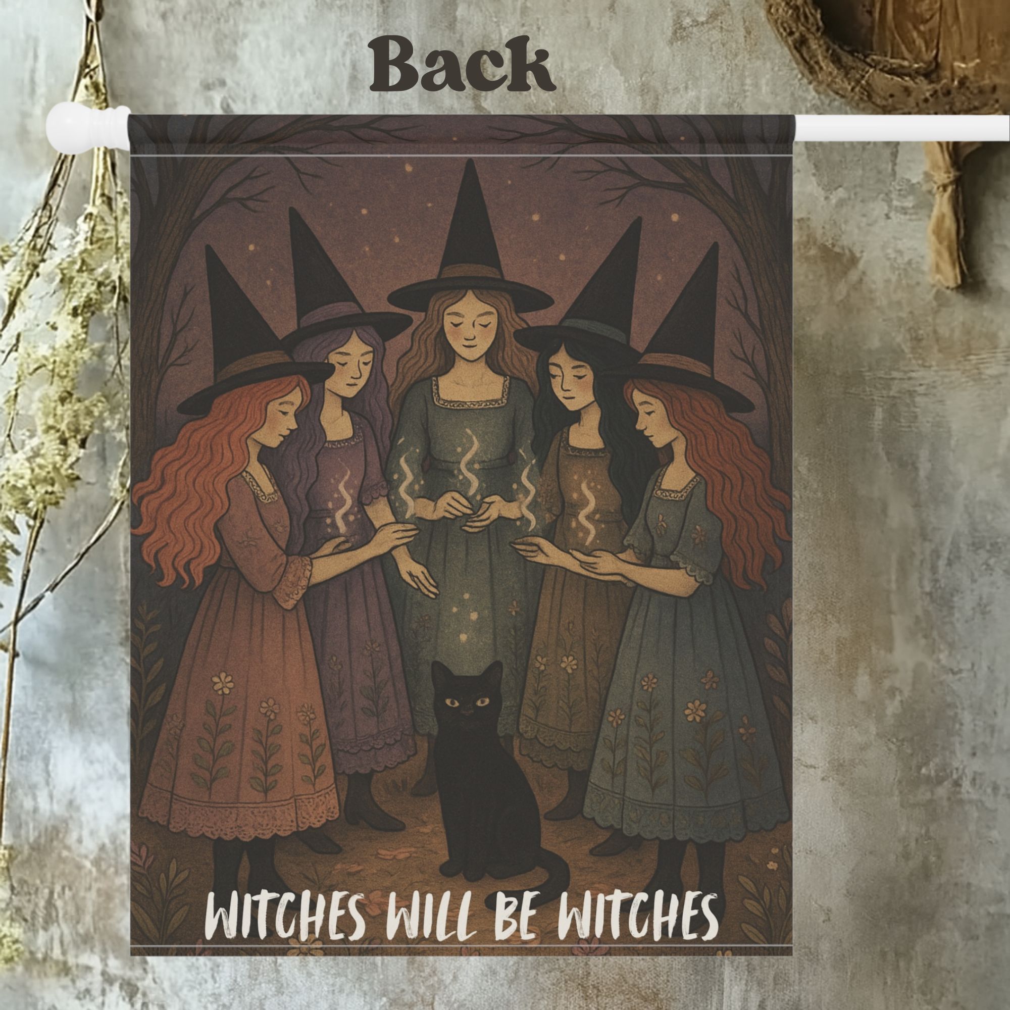 Witches Will Be Witches Halloween House Flag  Vintage Storybook Style 24.5" × 32" product thumbnail image