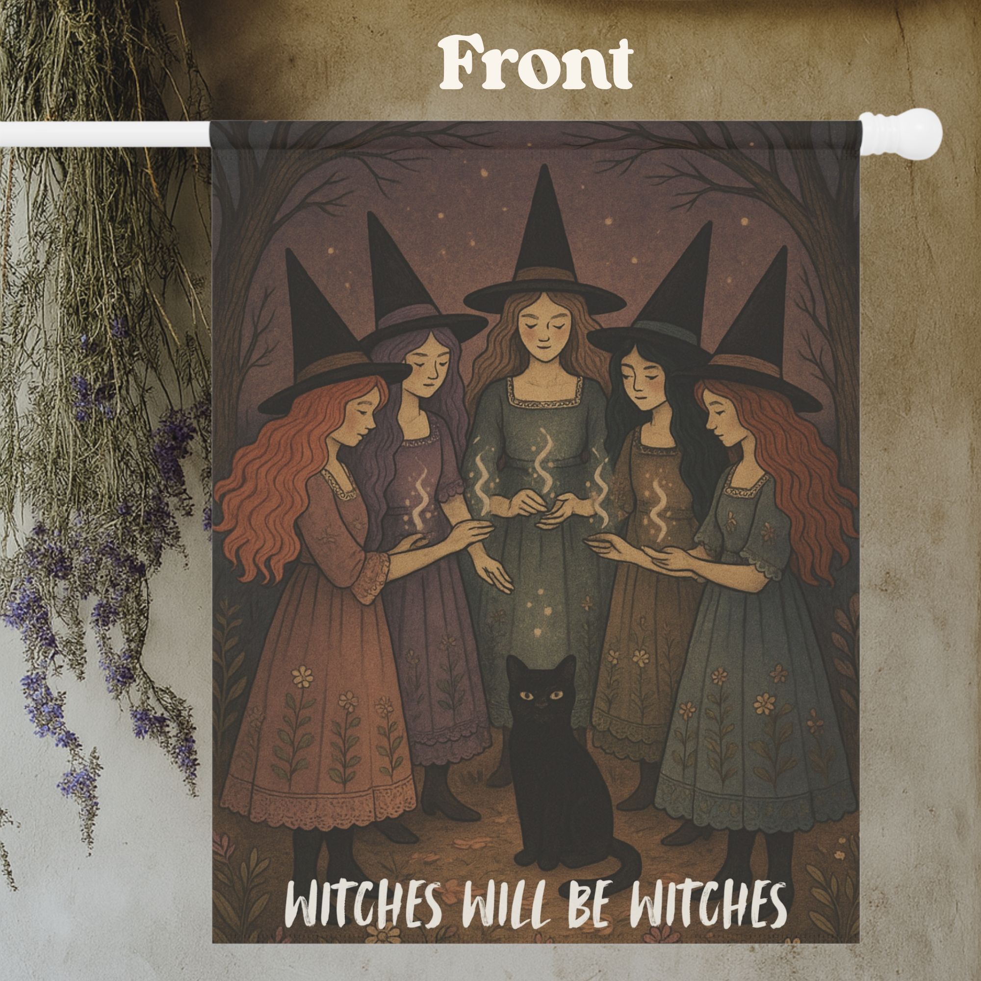 Witches Will Be Witches Halloween House Flag  Vintage Storybook Style 24.5" × 32" product thumbnail image