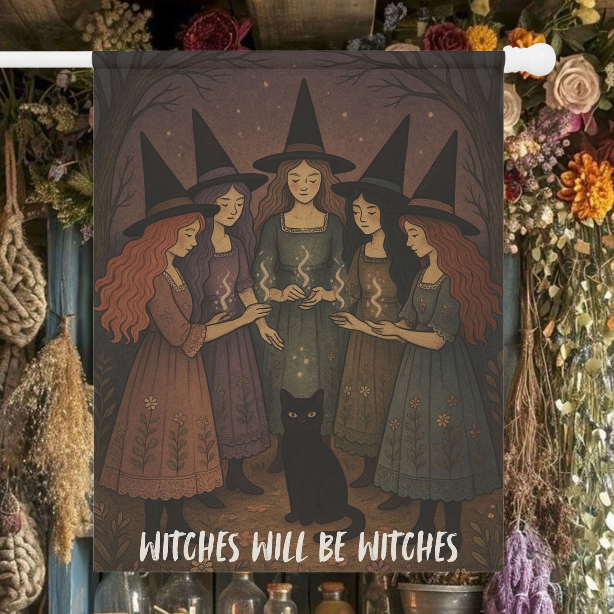Witches Will Be Witches Halloween House Flag  Vintage Storybook Style 24.5" × 32"