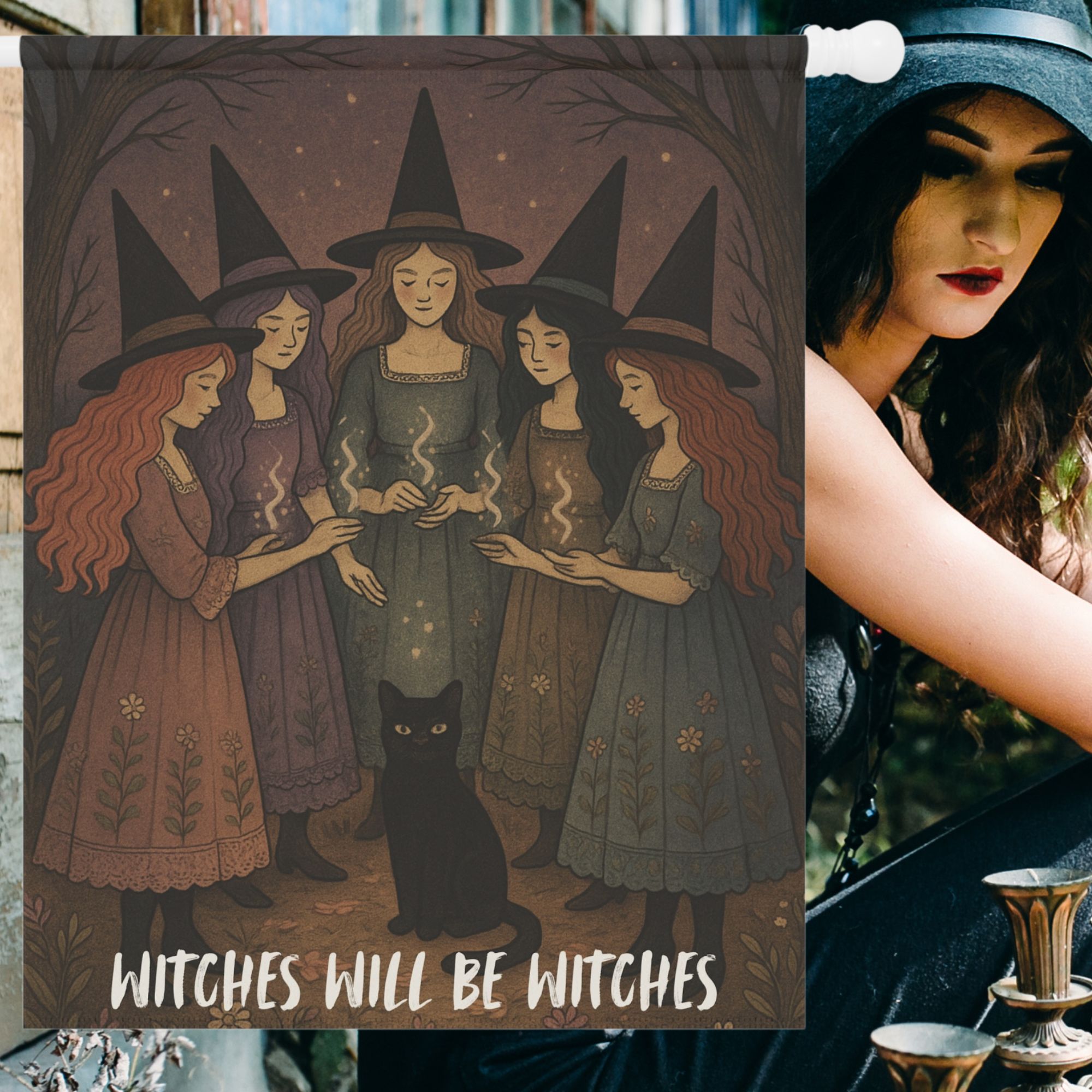 Witches Will Be Witches Halloween House Flag  Vintage Storybook Style 24.5" × 32" product thumbnail image