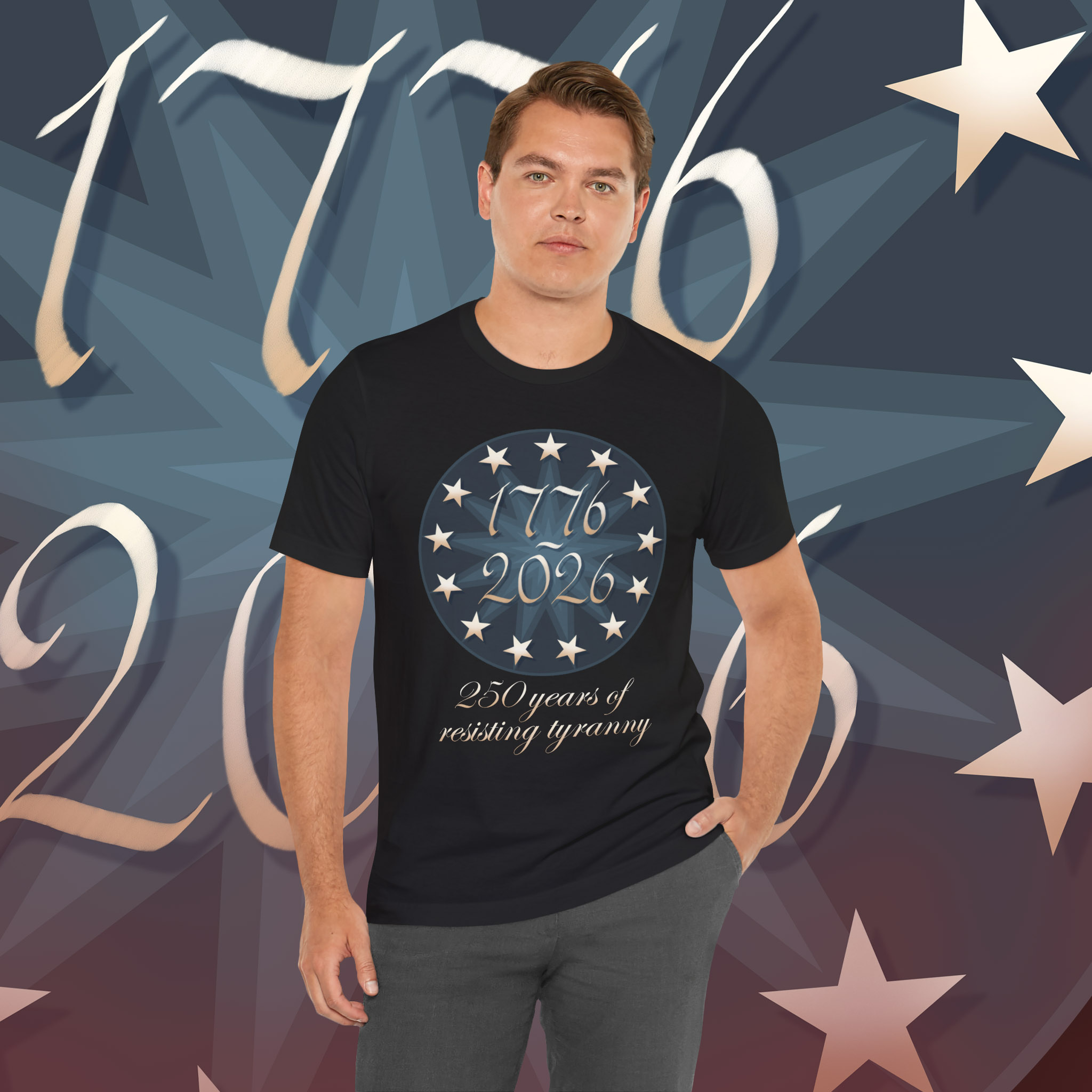 American Semiquincentennial - 250 Years of Resisting Tyranny Unisex Short Sleeve Tee, July 4th, Independence Day Apparel product thumbnail image American Semiquincentennial - 250 Years of Resisting Tyranny Unisex Short Sleeve Tee, July 4th, Independence Day Apparel product thumbnail image