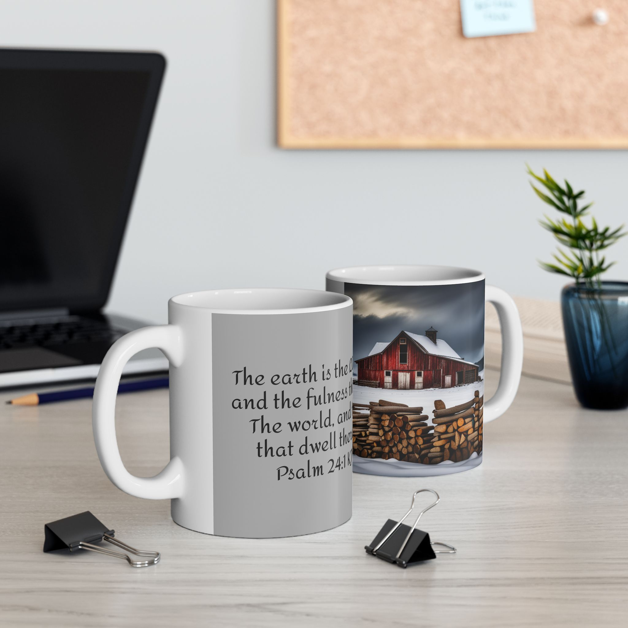 Ceramic Mug, Farmhouse in Winter with Bible Verse product thumbnail image Ceramic Mug, Farmhouse in Winter with Bible Verse product thumbnail image