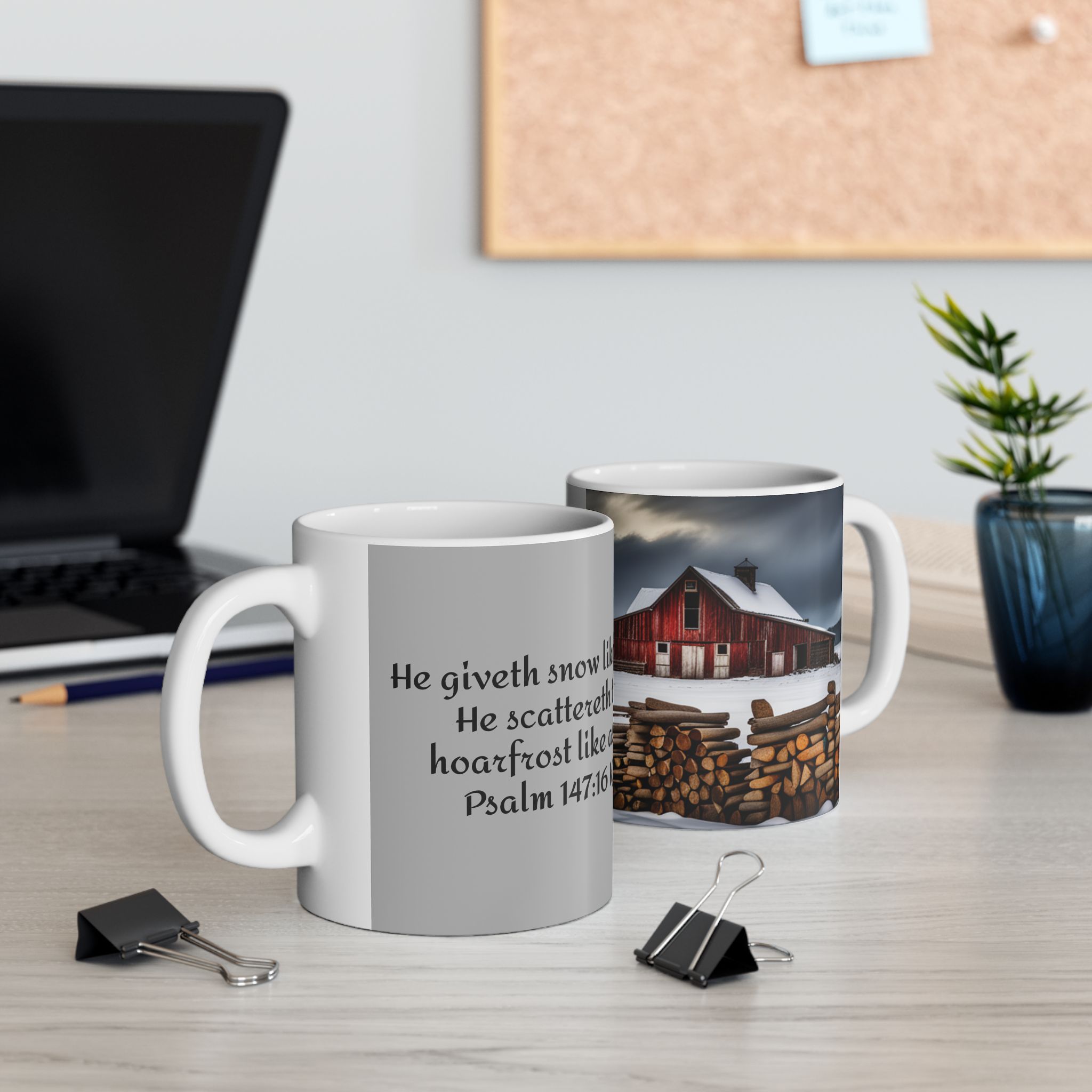 Ceramic Mug, Farmhouse in Winter with Bible Verse Ps 147:16 product thumbnail image