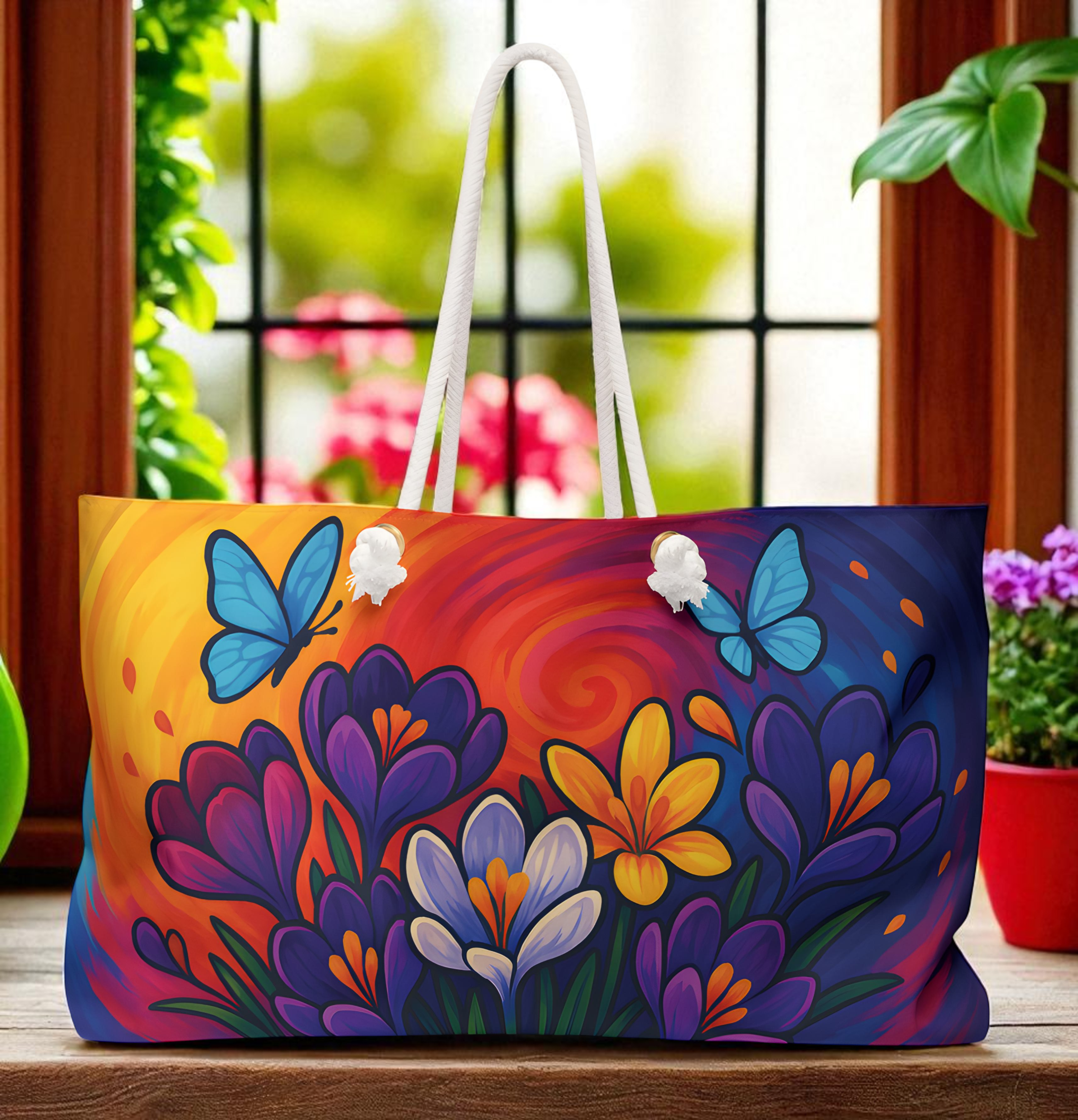 Vibrant Crocus & Butterfly Tote Bag – Front & Back Print Vibrant Crocus & Butterfly Tote Bag – Front & Back Print