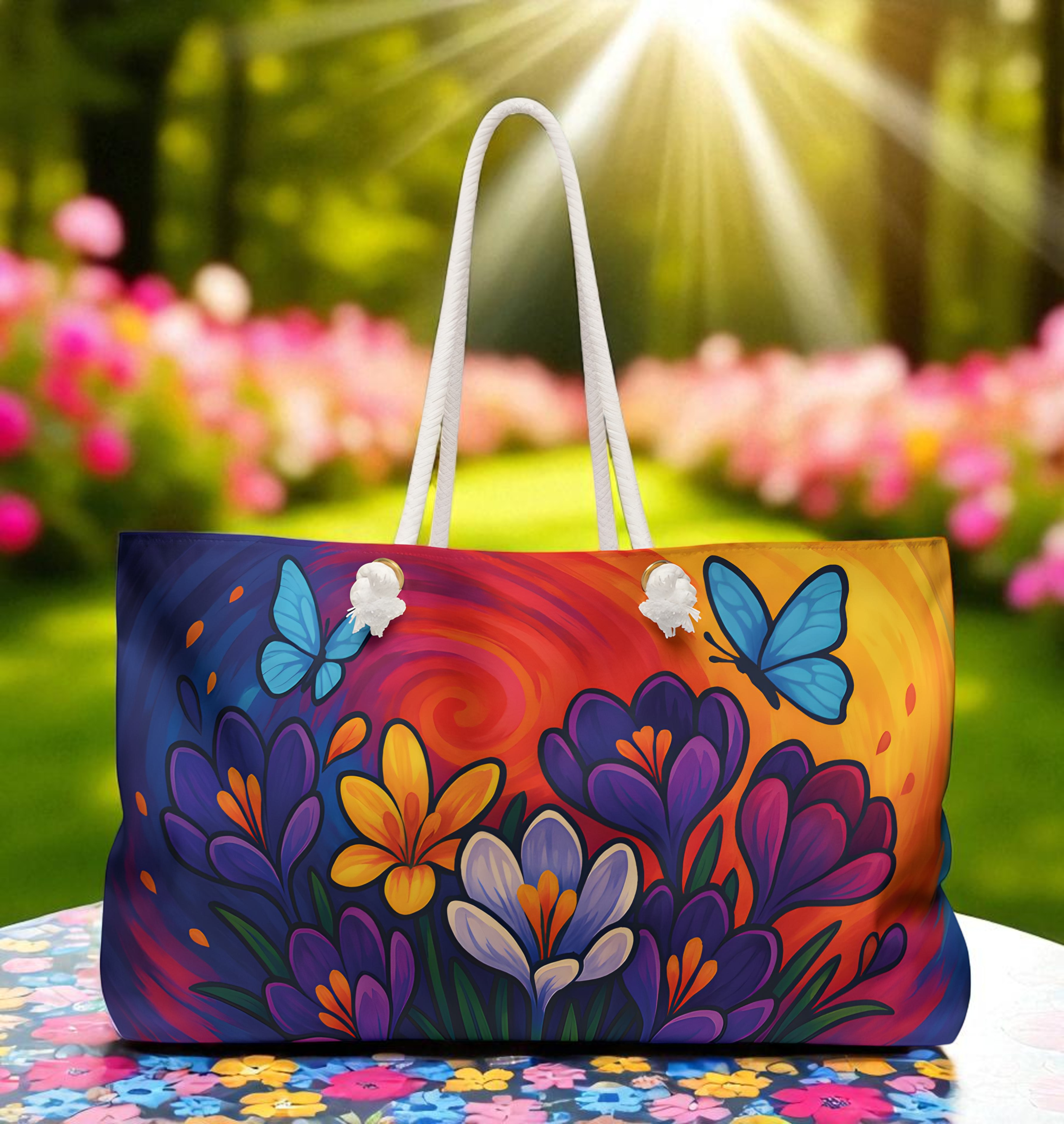 Vibrant Crocus & Butterfly Tote Bag – Front & Back Print product thumbnail image Vibrant Crocus & Butterfly Tote Bag – Front & Back Print product thumbnail image
