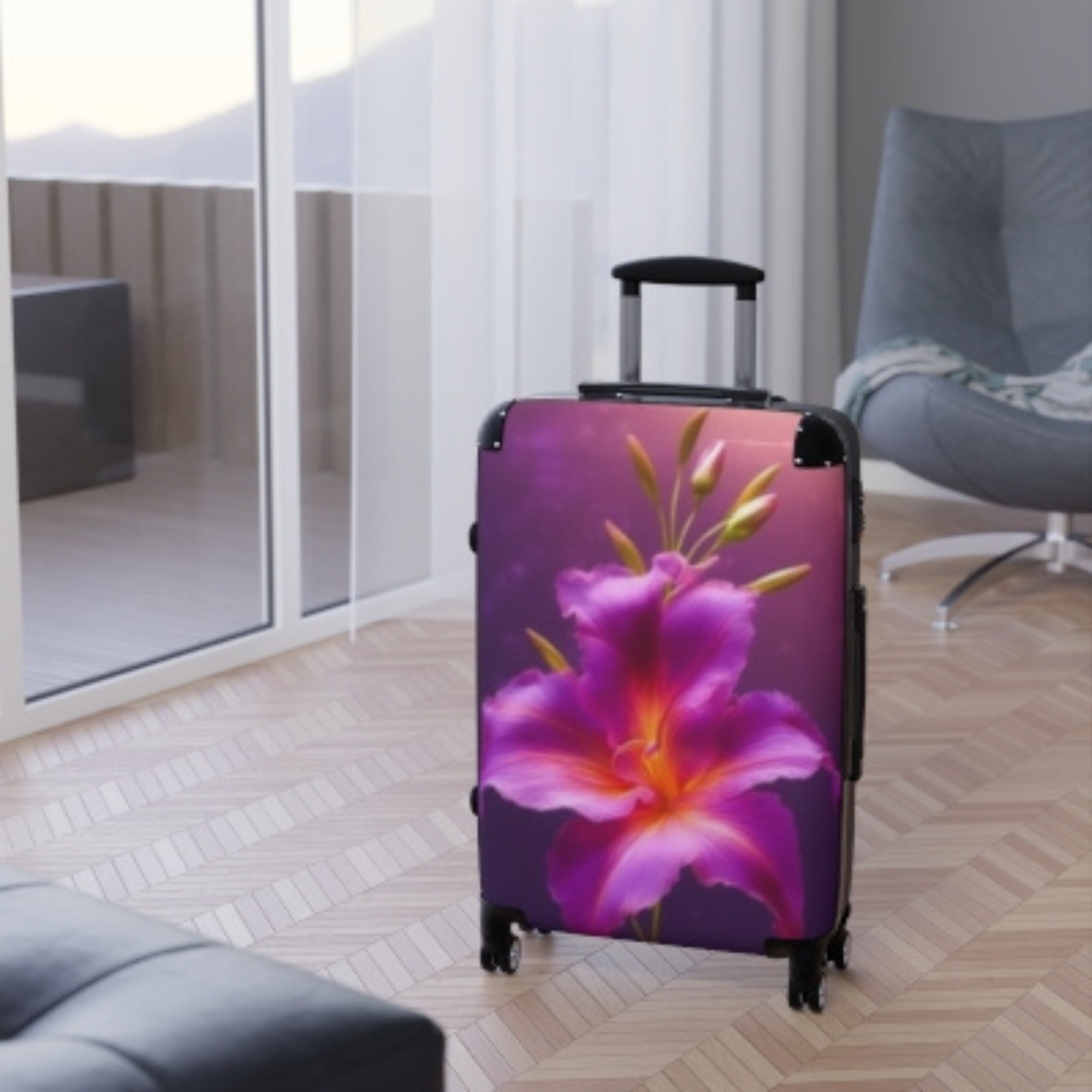 Purple Lily Floral Suitcase Elegant Hard Shell Rolling Luggage for Women | Carry-On TSA Approved Travel Bag | Vibrant Botanical Design product thumbnail image Purple Lily Floral Suitcase Elegant Hard Shell Rolling Luggage for Women | Carry-On TSA Approved Travel Bag | Vibrant Botanical Design product thumbnail image