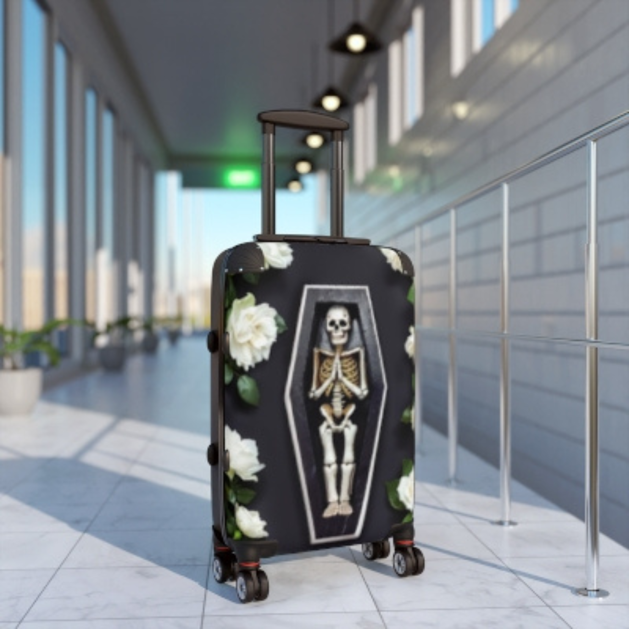 Skeleton Coffin Suitcase Gothic Floral Rolling Luggage | Macabre TSA Approved Travel Bag for Halloween Lovers And Horror Fans product thumbnail image Skeleton Coffin Suitcase Gothic Floral Rolling Luggage | Macabre TSA Approved Travel Bag for Halloween Lovers And Horror Fans product thumbnail image