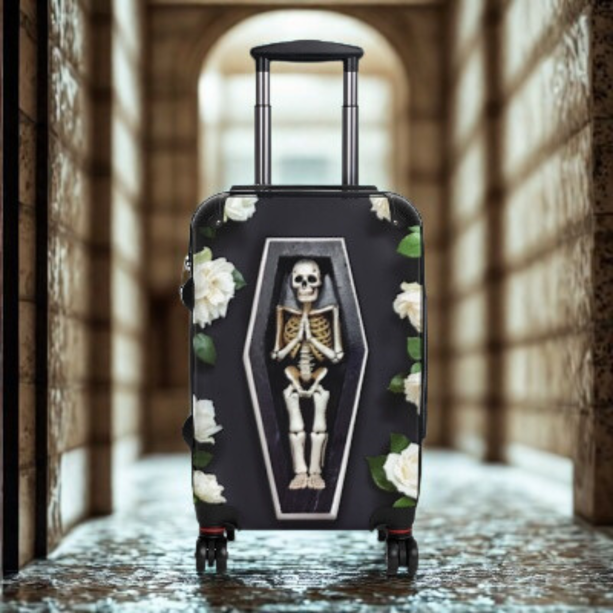 Skeleton Coffin Suitcase Gothic Floral Rolling Luggage | Macabre TSA Approved Travel Bag for Halloween Lovers And Horror Fans product thumbnail image Skeleton Coffin Suitcase Gothic Floral Rolling Luggage | Macabre TSA Approved Travel Bag for Halloween Lovers And Horror Fans product thumbnail image