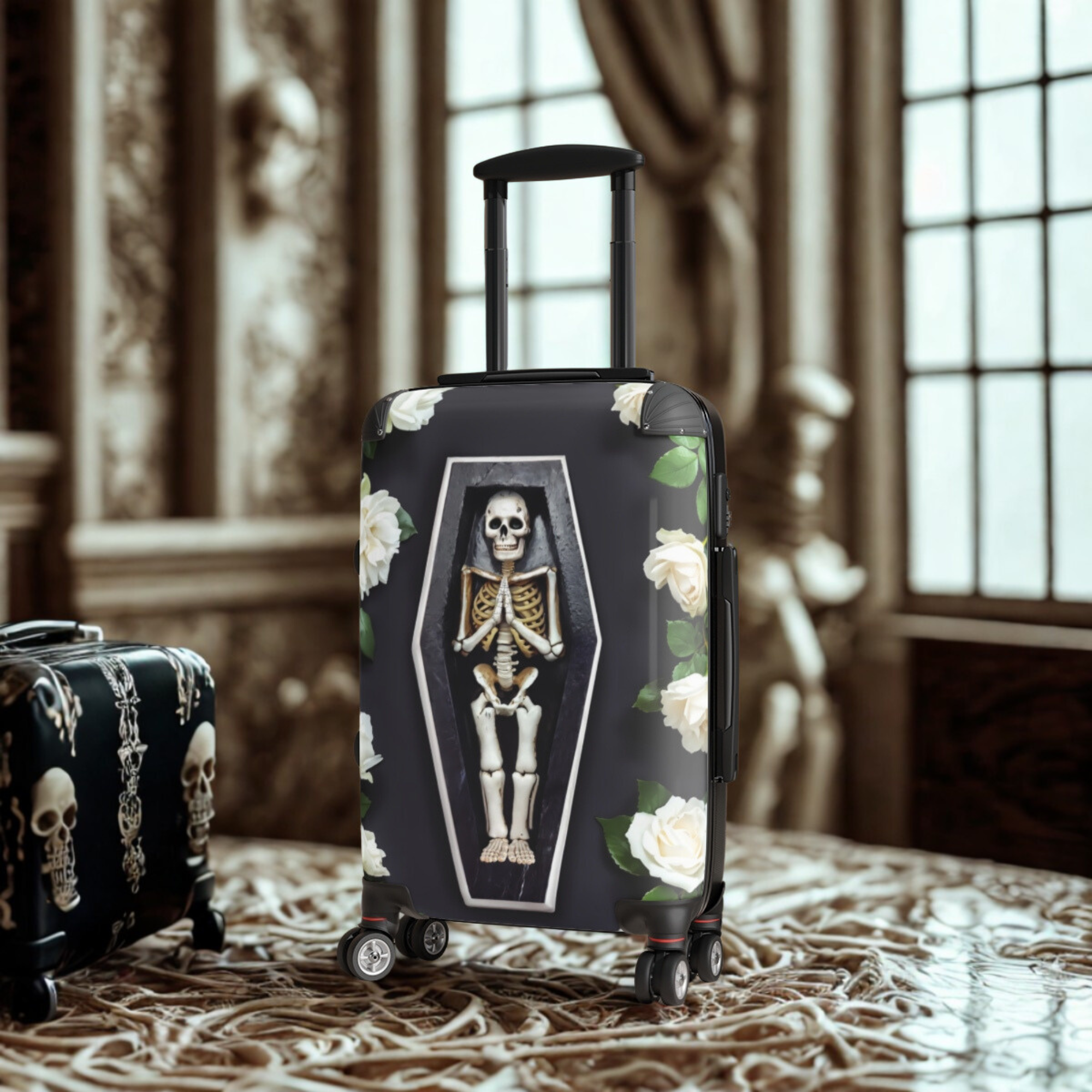 Skeleton Coffin Suitcase Gothic Floral Rolling Luggage | Macabre TSA Approved Travel Bag for Halloween Lovers And Horror Fans product thumbnail image Skeleton Coffin Suitcase Gothic Floral Rolling Luggage | Macabre TSA Approved Travel Bag for Halloween Lovers And Horror Fans product thumbnail image