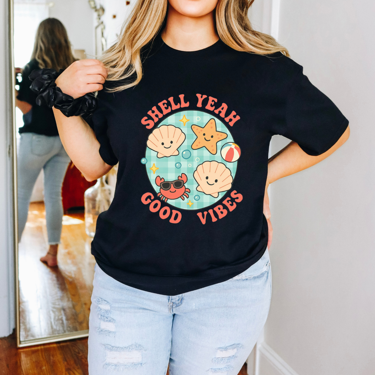 Shell Yeah Good Vibes T-Shirt, Summer Tee, Beachwear, Gift for Ocean Lovers, Shell Enthusiast Shirt, Casual Day Outfit