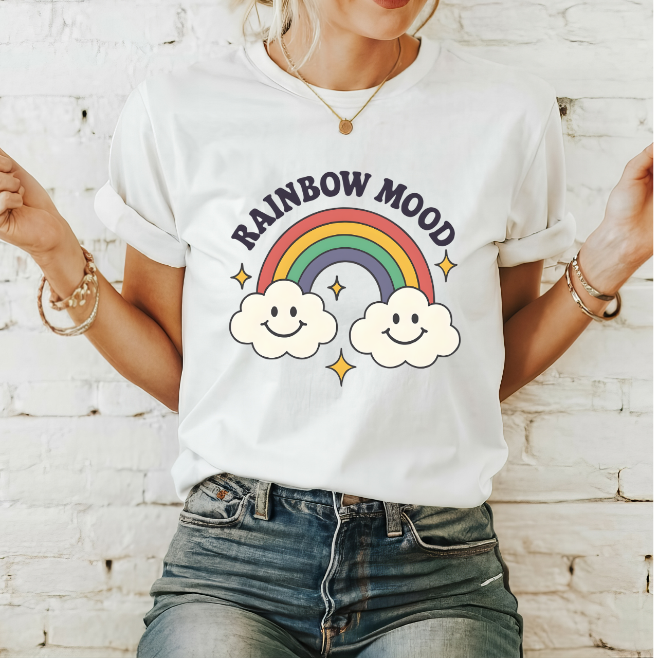 Rainbow Mood Unisex Softstyle T-Shirt | Cute Cloud Graphic Tee, Casual Wear, Gifts for Friends, Summer Vibes, Positive Energy