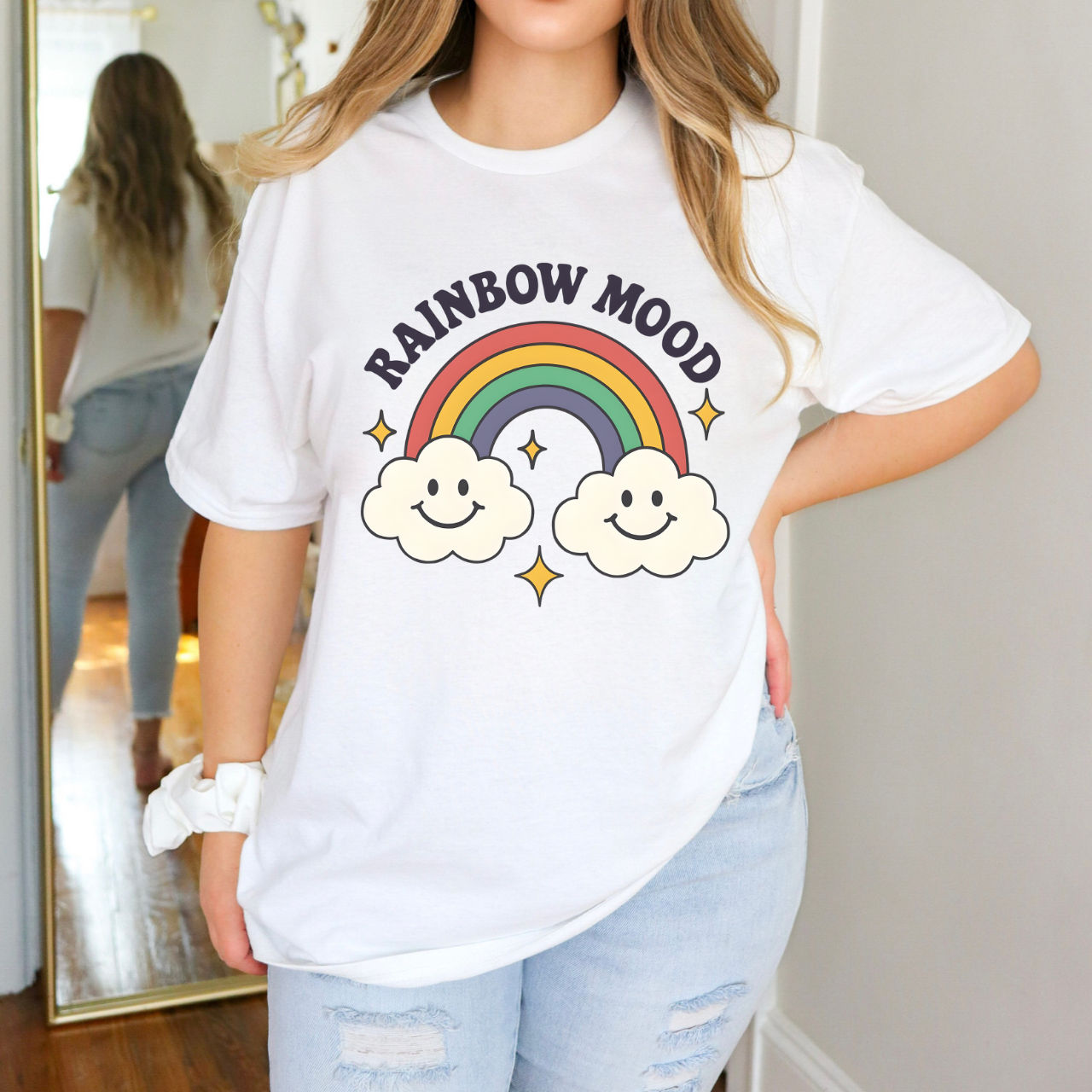 Rainbow Mood Unisex Softstyle T-Shirt | Cute Cloud Graphic Tee, Casual Wear, Gifts for Friends, Summer Vibes, Positive Energy product thumbnail image Rainbow Mood Unisex Softstyle T-Shirt | Cute Cloud Graphic Tee, Casual Wear, Gifts for Friends, Summer Vibes, Positive Energy product thumbnail image