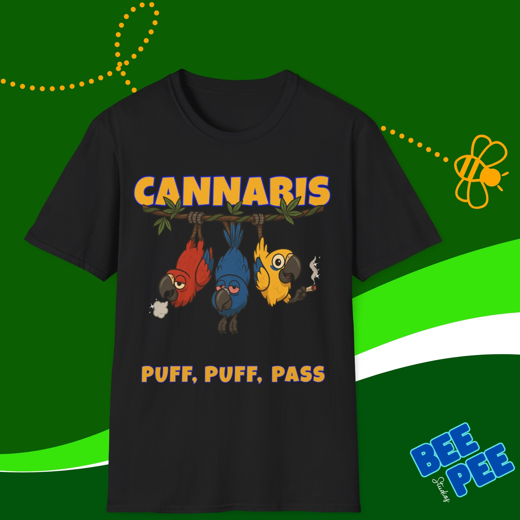 Funny Parrots Unisex T-Shirt - 'Puff, Puff, Pass' Cannabis Design product thumbnail image Funny Parrots Unisex T-Shirt - 'Puff, Puff, Pass' Cannabis Design product thumbnail image