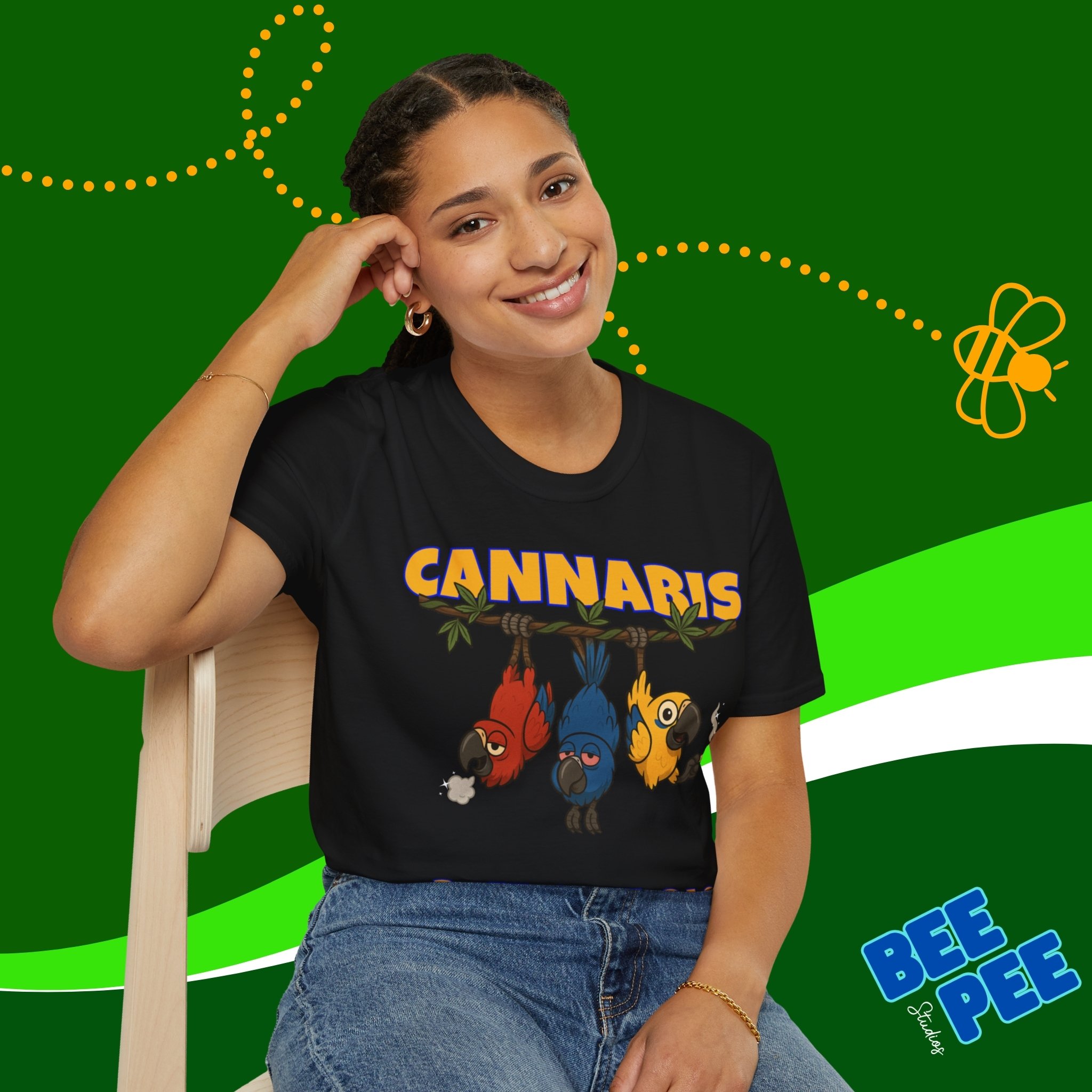 Funny Parrots Unisex T-Shirt - 'Puff, Puff, Pass' Cannabis Design product thumbnail image Funny Parrots Unisex T-Shirt - 'Puff, Puff, Pass' Cannabis Design product thumbnail image