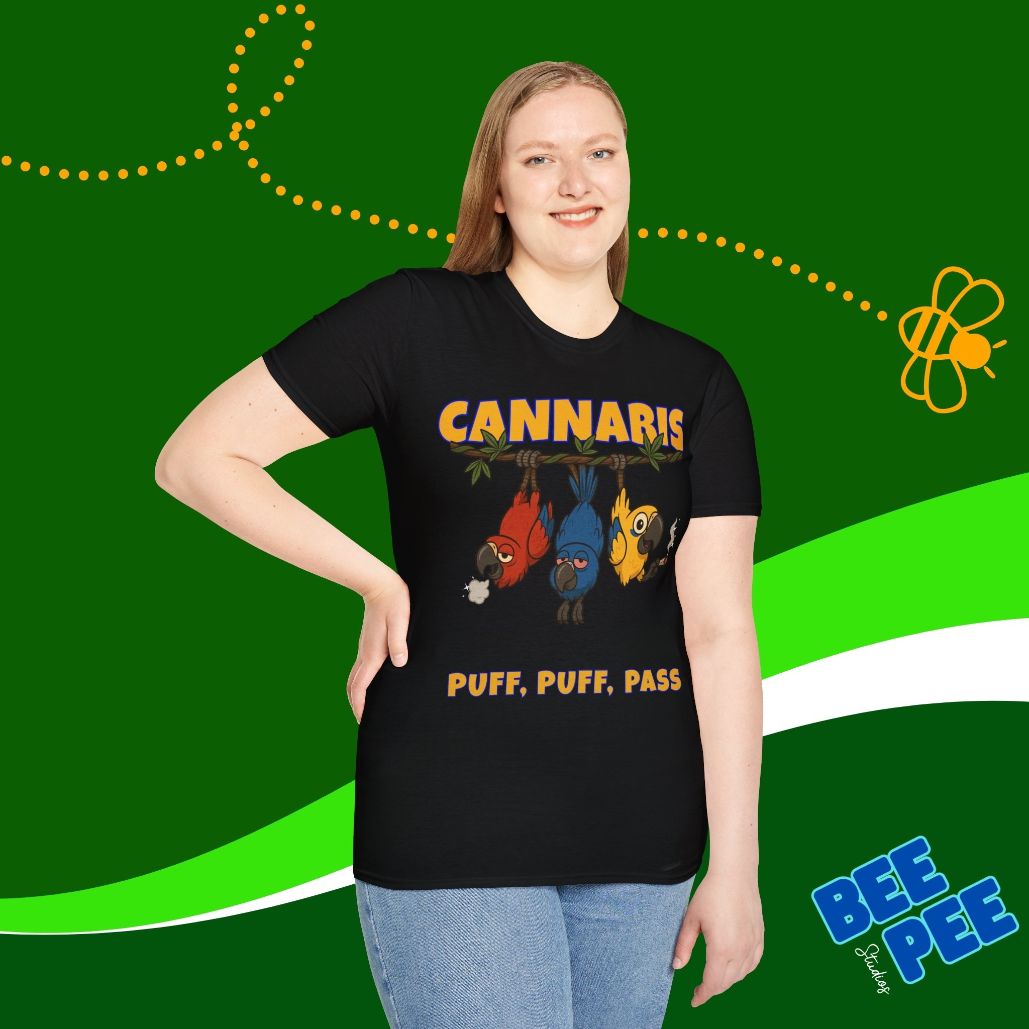 Funny Parrots Unisex T-Shirt - 'Puff, Puff, Pass' Cannabis Design product thumbnail image Funny Parrots Unisex T-Shirt - 'Puff, Puff, Pass' Cannabis Design product thumbnail image
