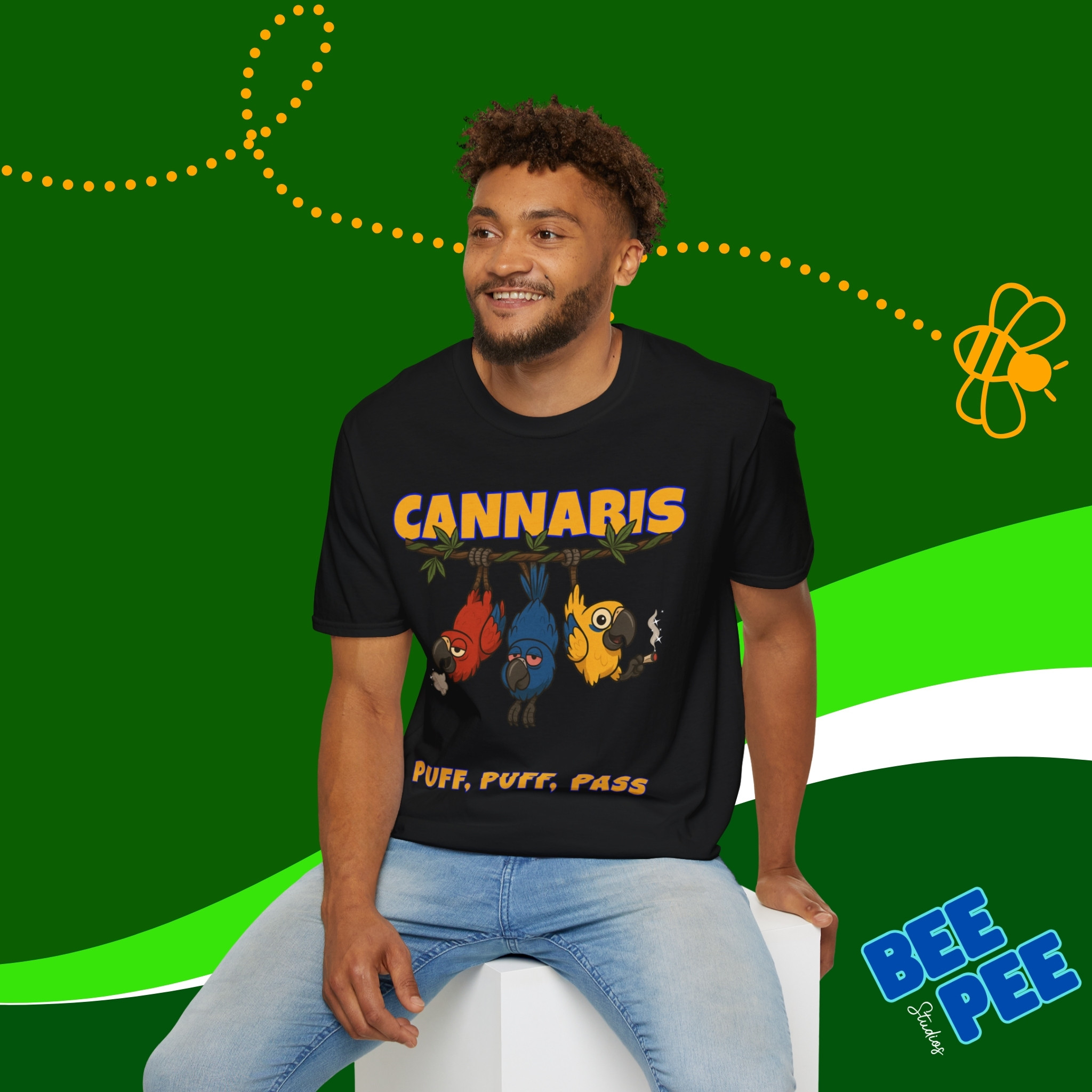 Funny Parrots Unisex T-Shirt - 'Puff, Puff, Pass' Cannabis Design product thumbnail image Funny Parrots Unisex T-Shirt - 'Puff, Puff, Pass' Cannabis Design product thumbnail image