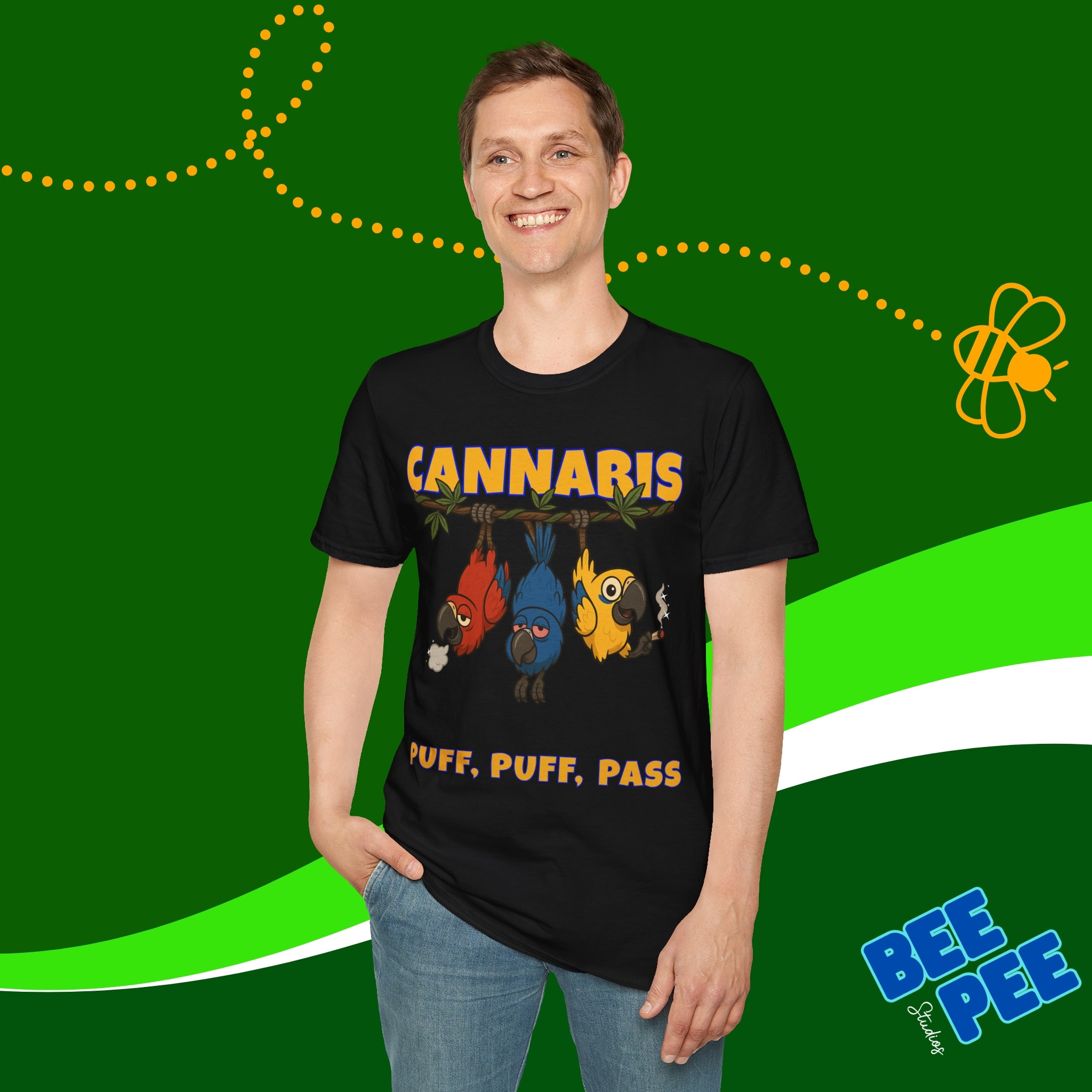 Funny Parrots Unisex T-Shirt - 'Puff, Puff, Pass' Cannabis Design product thumbnail image Funny Parrots Unisex T-Shirt - 'Puff, Puff, Pass' Cannabis Design product thumbnail image
