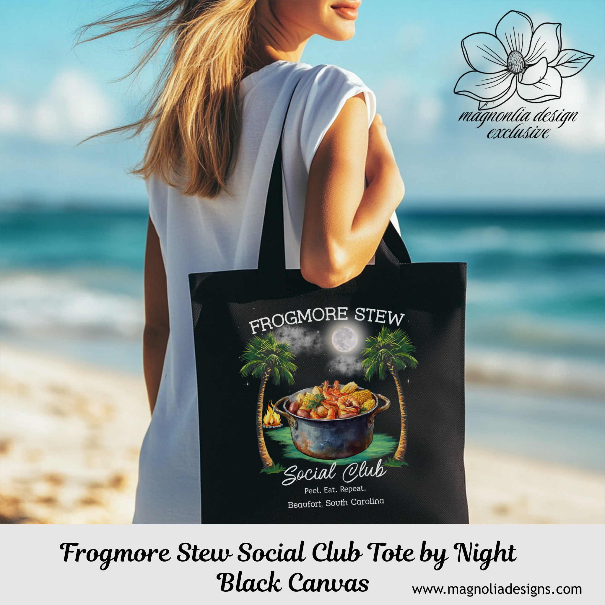 Frogmore Stew at Night Tote | Eco-Friendly Black Canvas Tote with Southern Lowcountry Charm – Beach, Market, or Everyday Carryall product thumbnail image