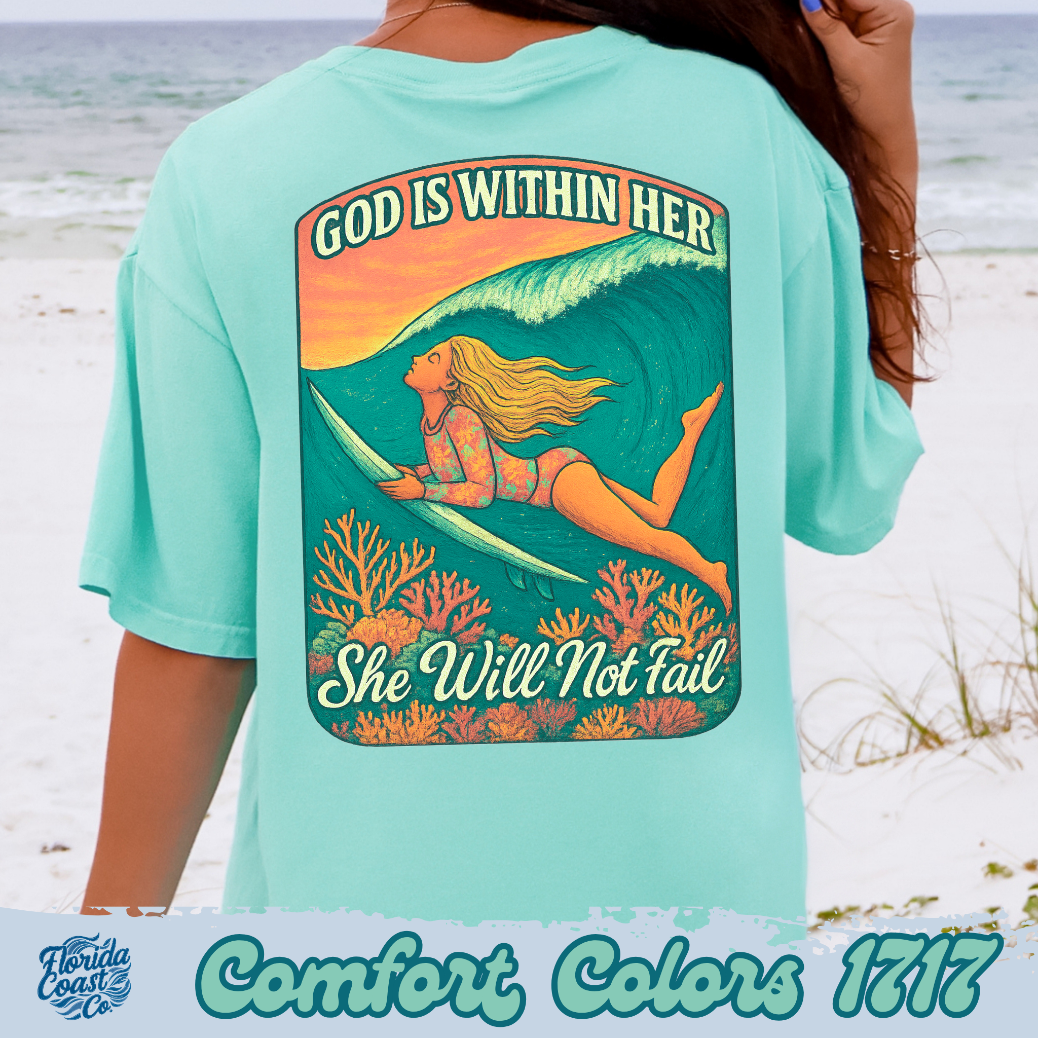 Christian Surf Shirt for Women - She Will Not Fail T-Shirt - God Is Within Her - Comfort Colors 1717 - Beachy Faith Tee S-4XL