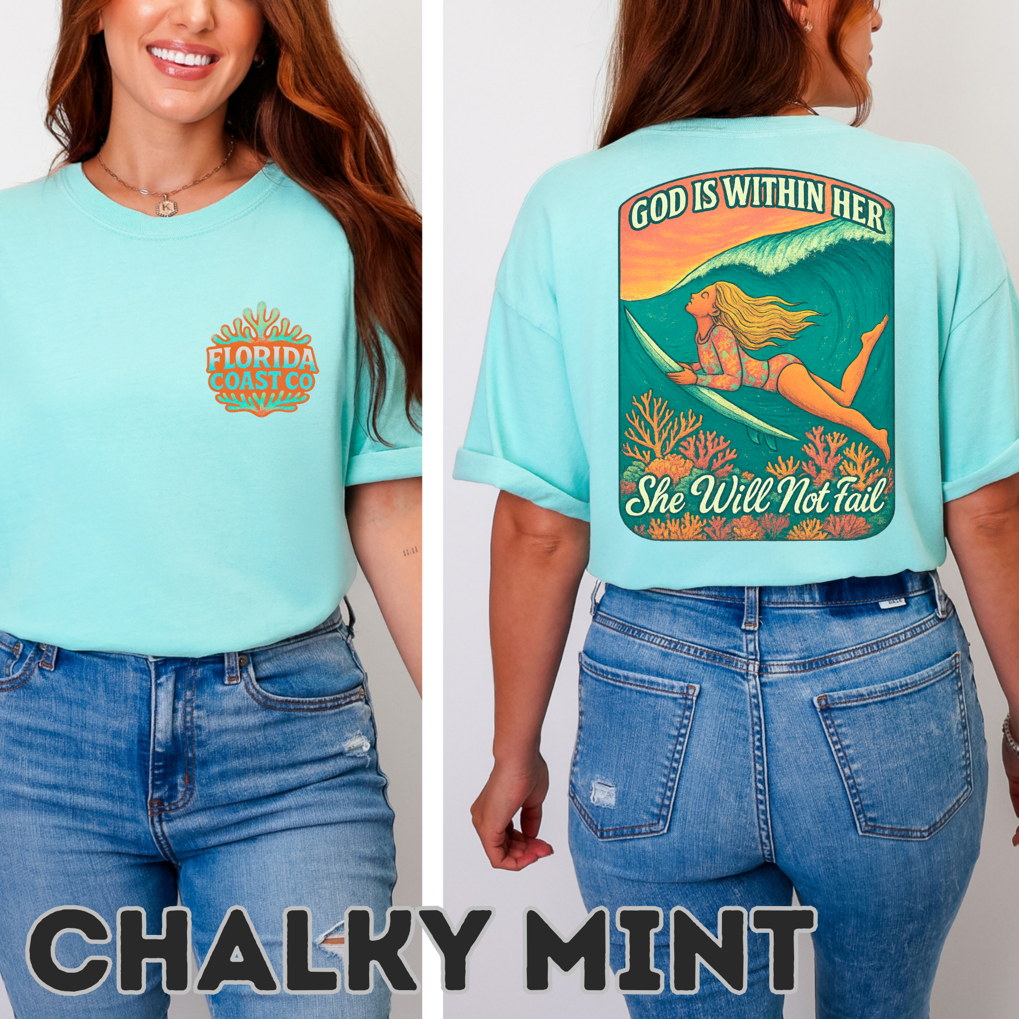 Christian Surf Shirt for Women - She Will Not Fail T-Shirt - God Is Within Her - Comfort Colors 1717 - Beachy Faith Tee S-4XL product thumbnail image