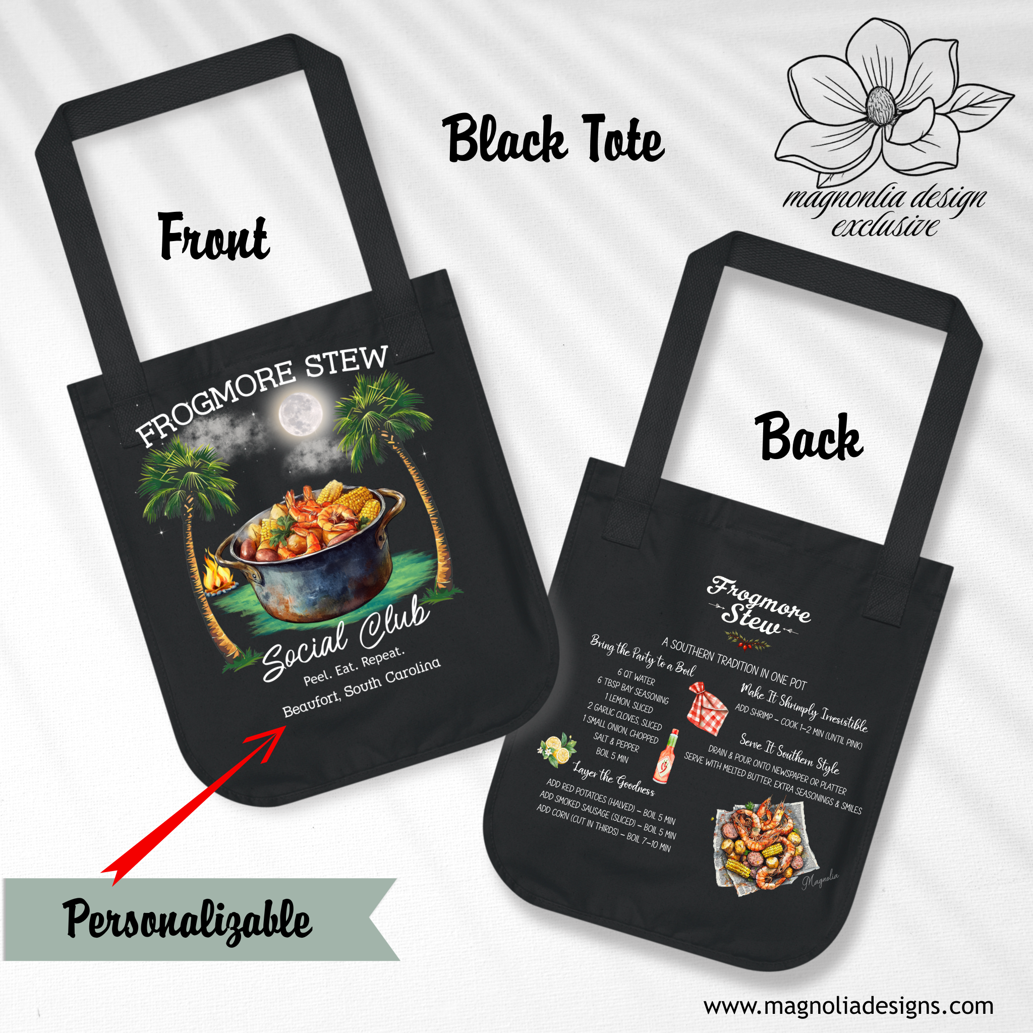 Frogmore Stew at Night Tote | Eco-Friendly Black Canvas Tote with Southern Lowcountry Charm – Beach, Market, or Everyday Carryall product thumbnail image