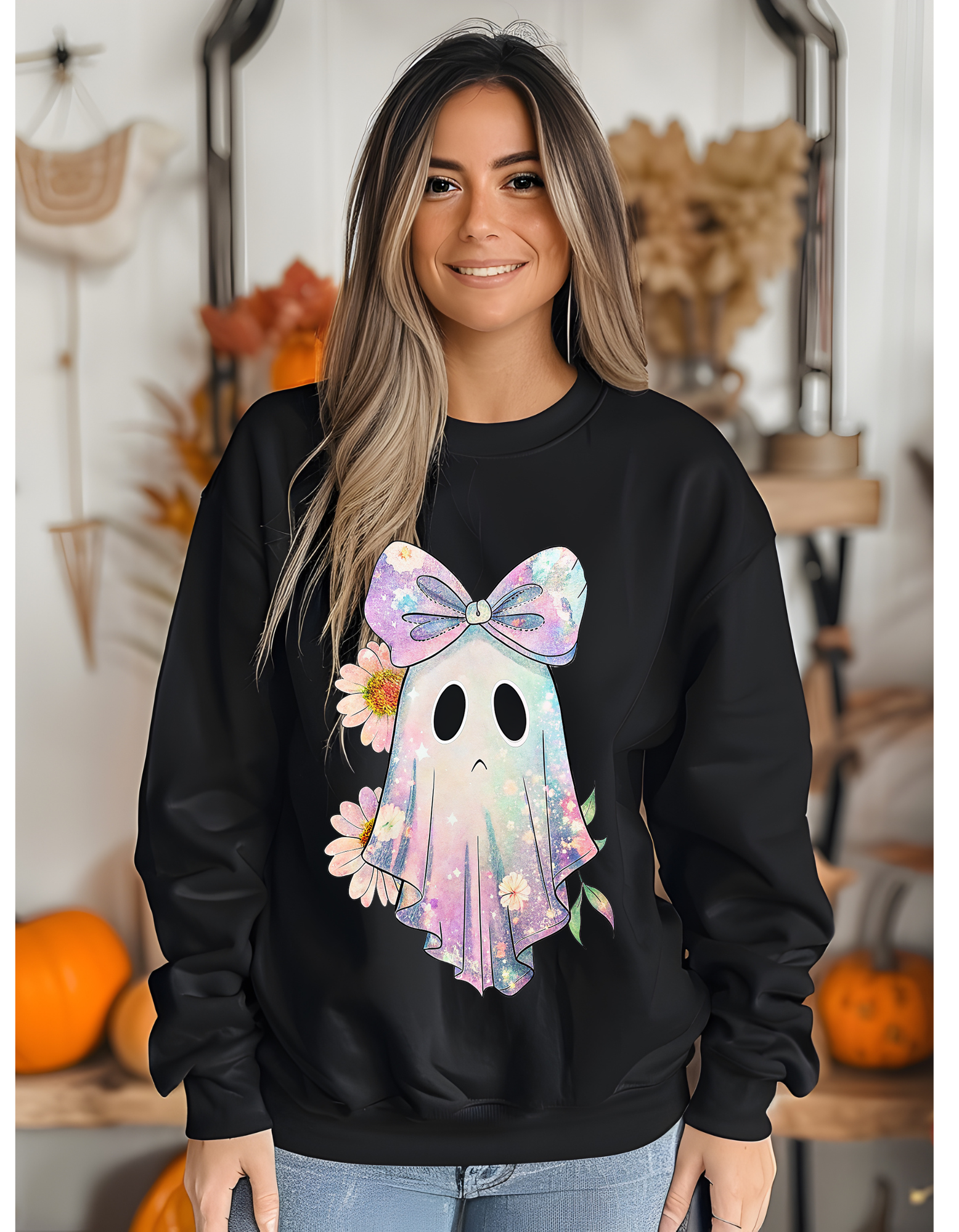 Cute Ghost Bow Sweatshirt, Cozy Unisex Crewneck, Halloween Sweatshirt, Spooky Season Apparel, Cute Ghost Gift, Fall Fashion