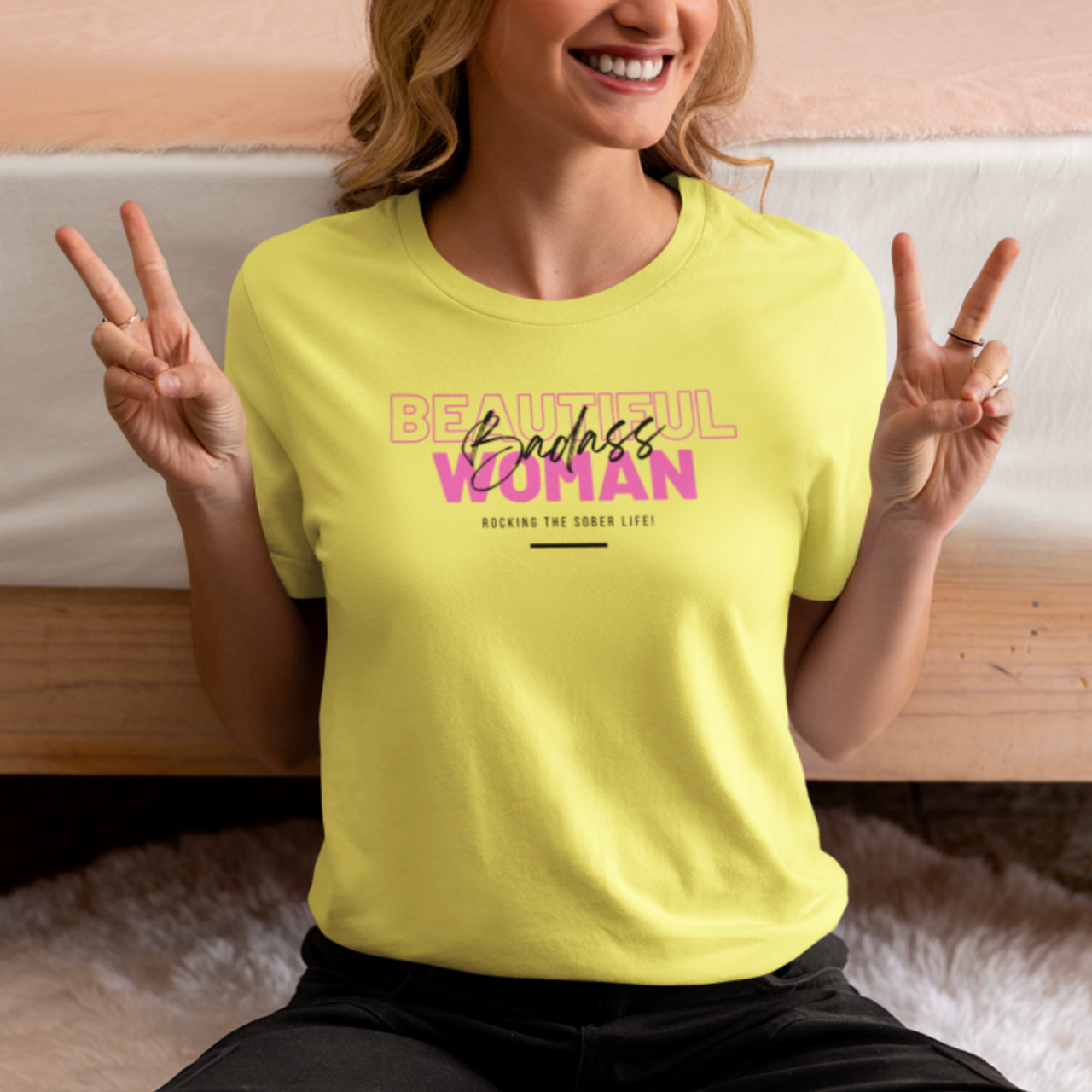 Beautiful Badass Woman Rocking the Sober Life Tee – Because You're a Walking Victory