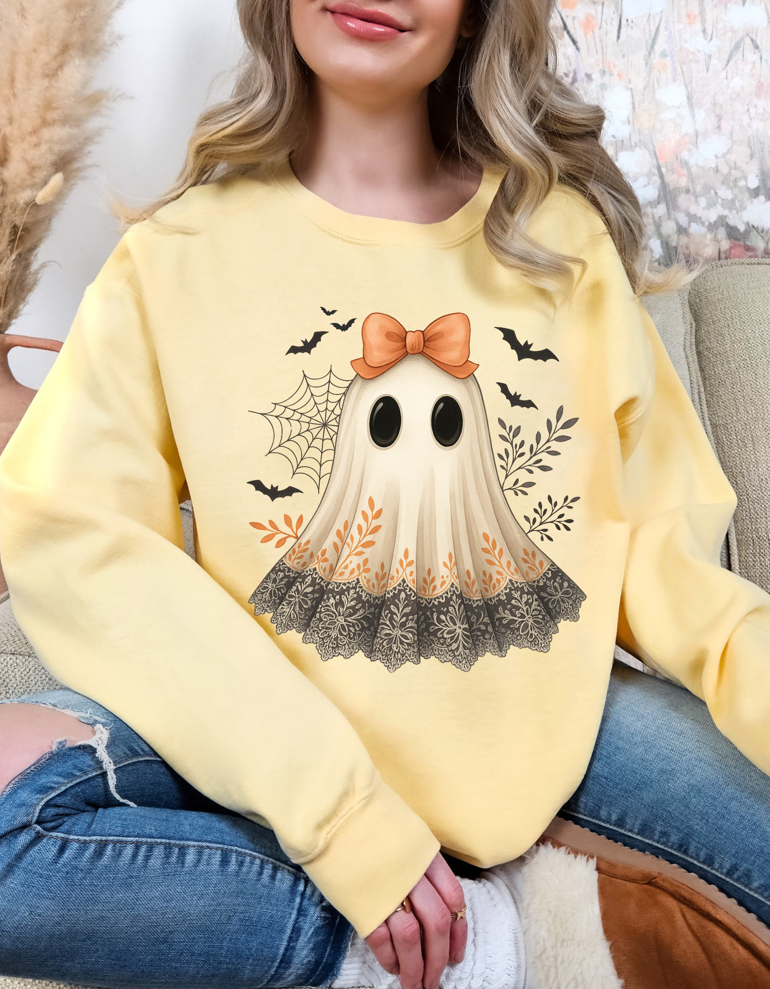 Comfort Colors Ghostly Charm Unisex Lightweight Crewneck Sweatshirt, Halloween Apparel, Cozy Sweater, Fall Fashion, Casual Wear, Spooky Gift