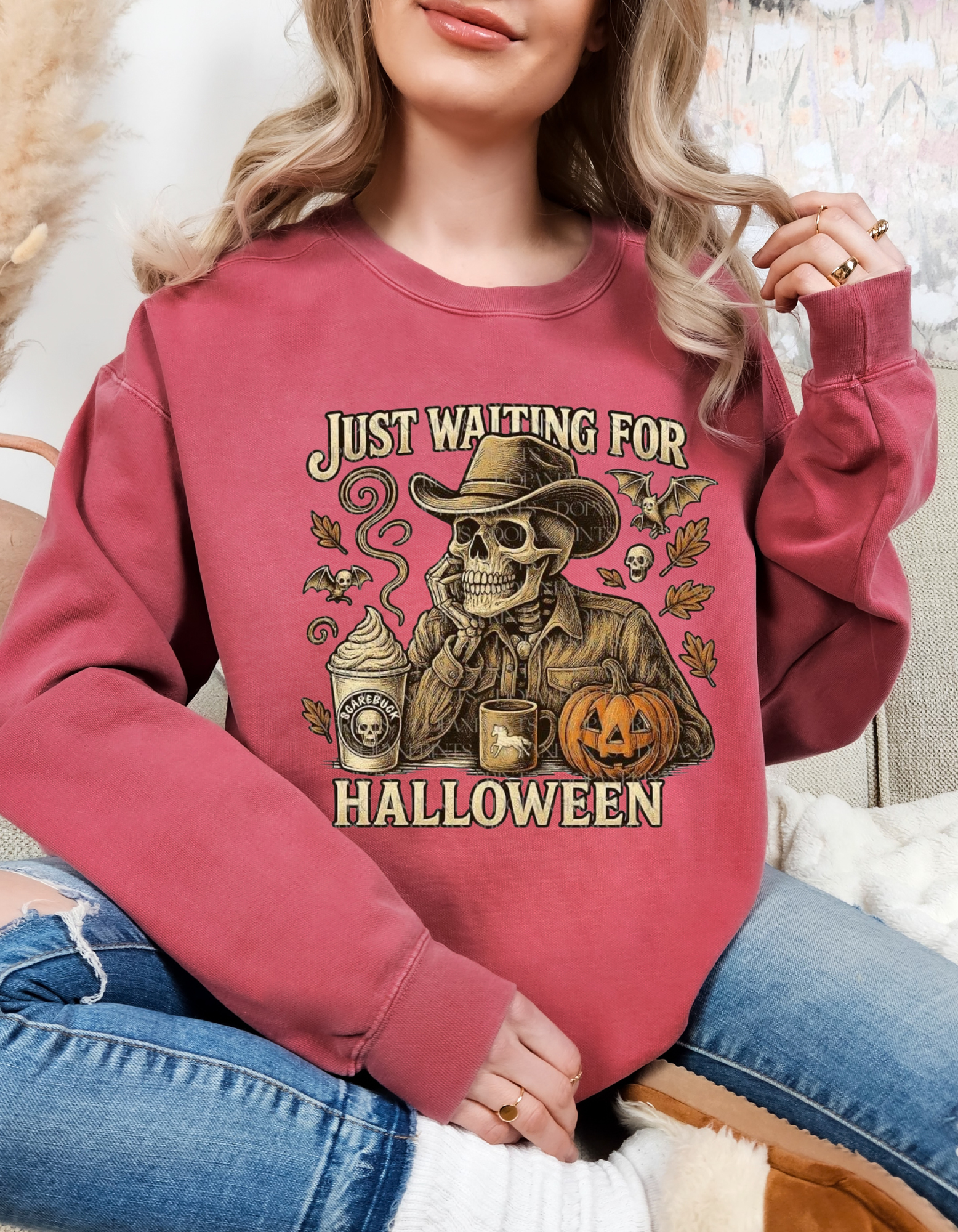 Comfort Colors Halloween Themed Unisex Lightweight Crewneck Sweatshirt, Just Waiting for Halloween, Cozy Fall Sweater, Perfect for Pumpkin Patch [...] product thumbnail image