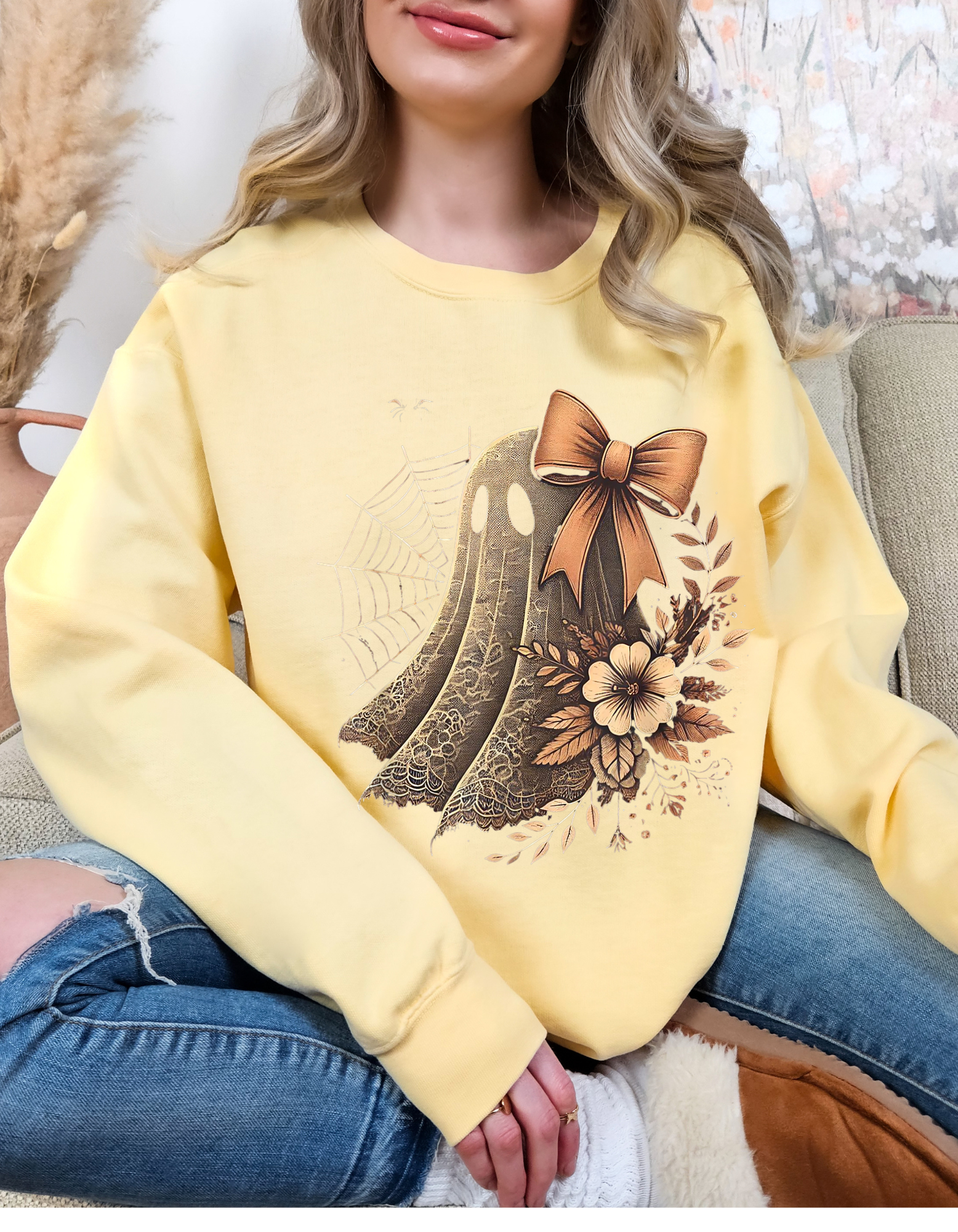 Comfort Colors Ghostly Floral Crewneck Sweatshirt - Perfect for Fall, Halloween, Cozy Vibes, Unisex Gift, Everyday Comfort product thumbnail image