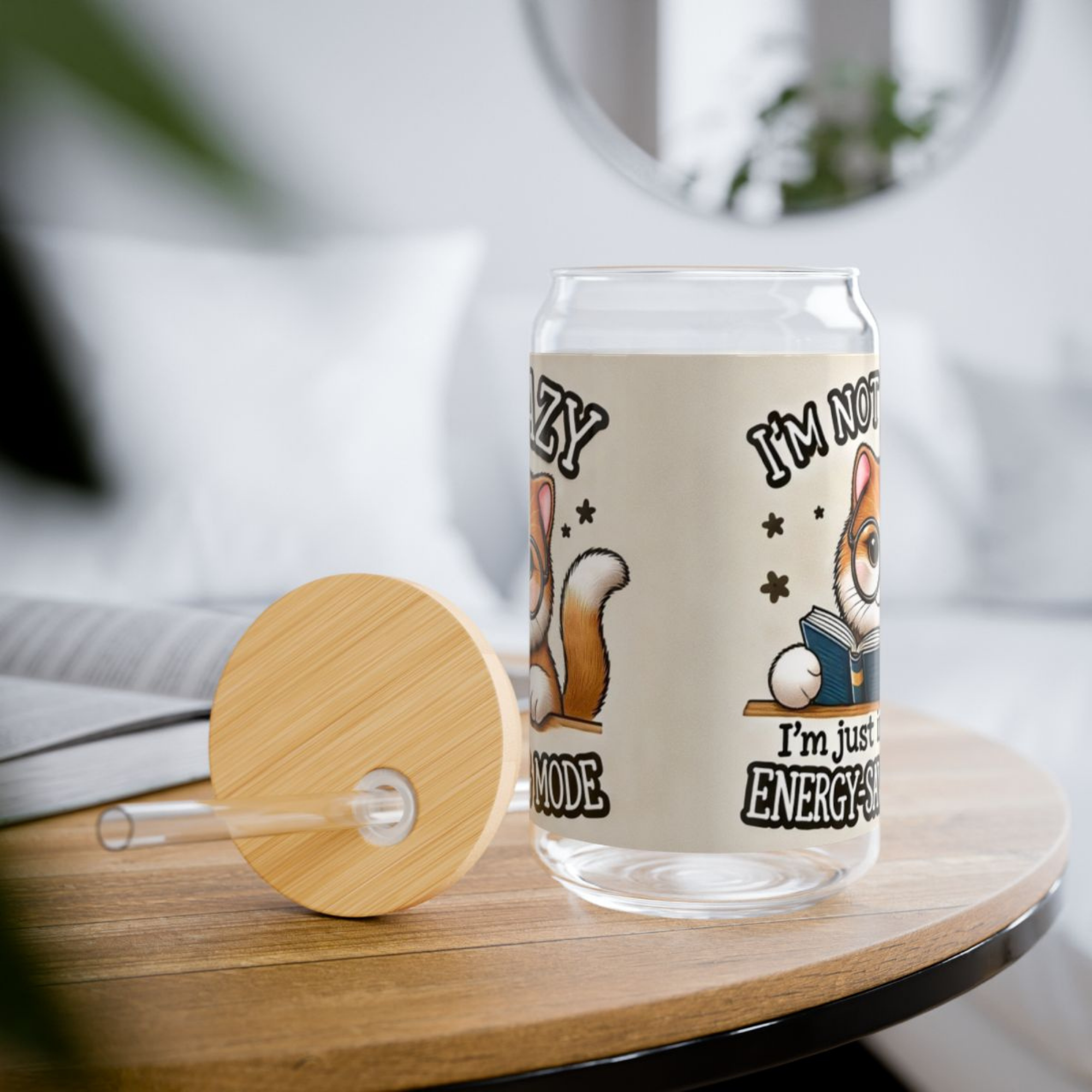 Funny Cat Glass Tumbler Im Not Lazy Im in Energy Saving Mode | 16oz Sipper Cup with Bamboo Lid And Straw | Cute Gift for Cat Lovers product thumbnail image